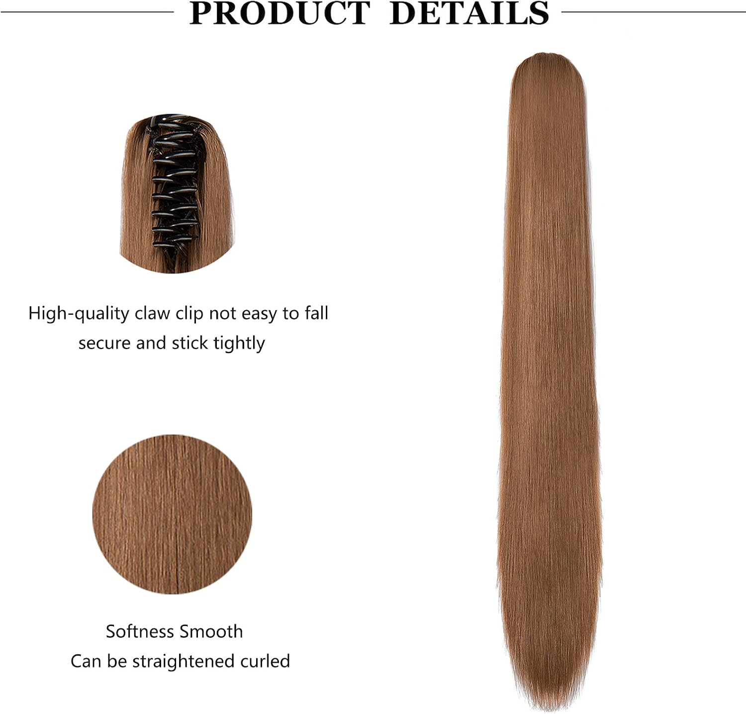 Cybelleza 22" Ponytail Extensions Long Straight Ponytail Clip in Hair Extensions Claw on Pony Tails Hairpieces Synthetic Natural Looking for Women(Golden Brown) - Image 3