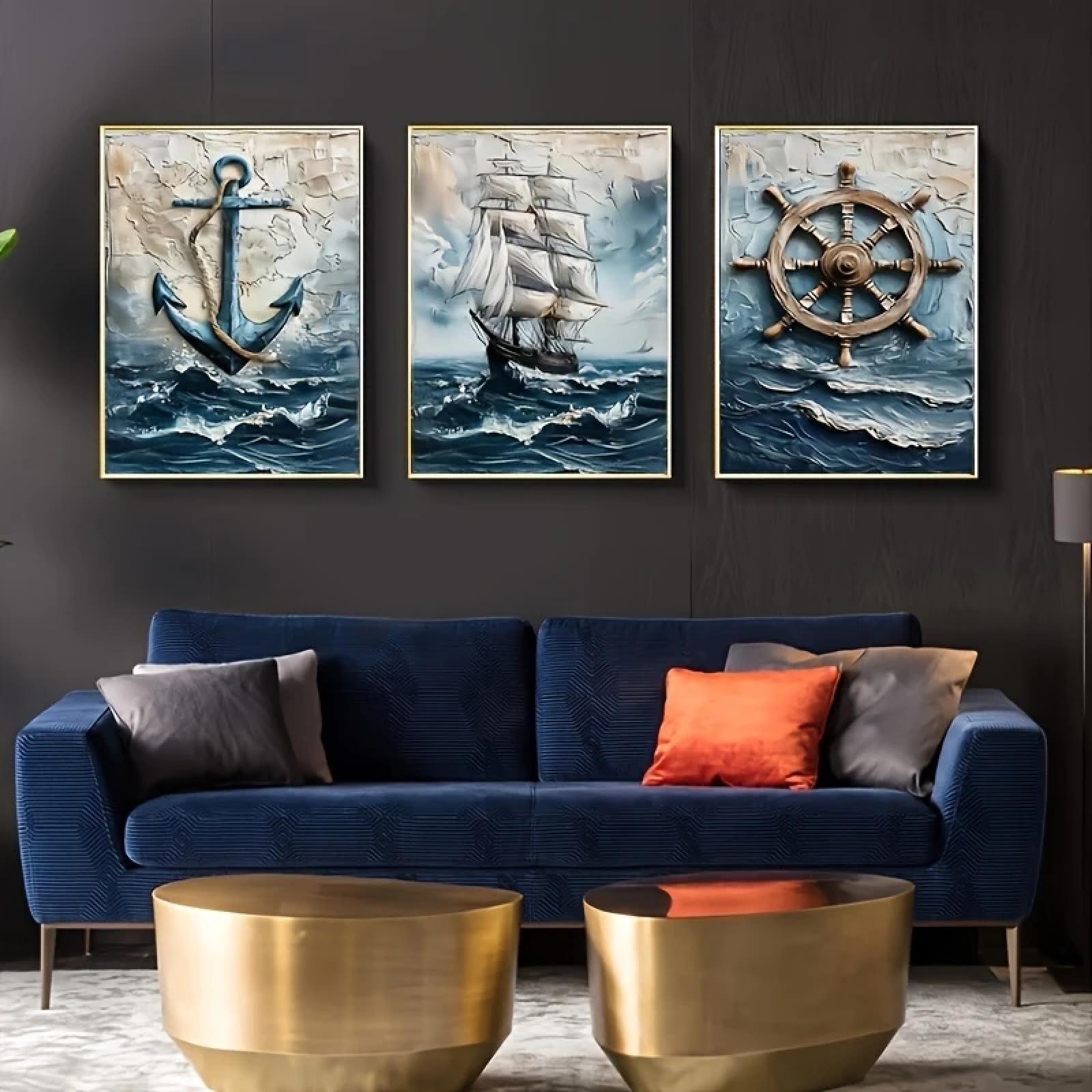 CHAOJIART Nautische Kunstdrucke auf Leinwand, moderne Wandgemälde mit Anker, Schiff, Steuerrad für Wohnzimmer, Retro-Poster mit maritimer Landschaft, 40 x 60 cm x 3 Innenrahmen
