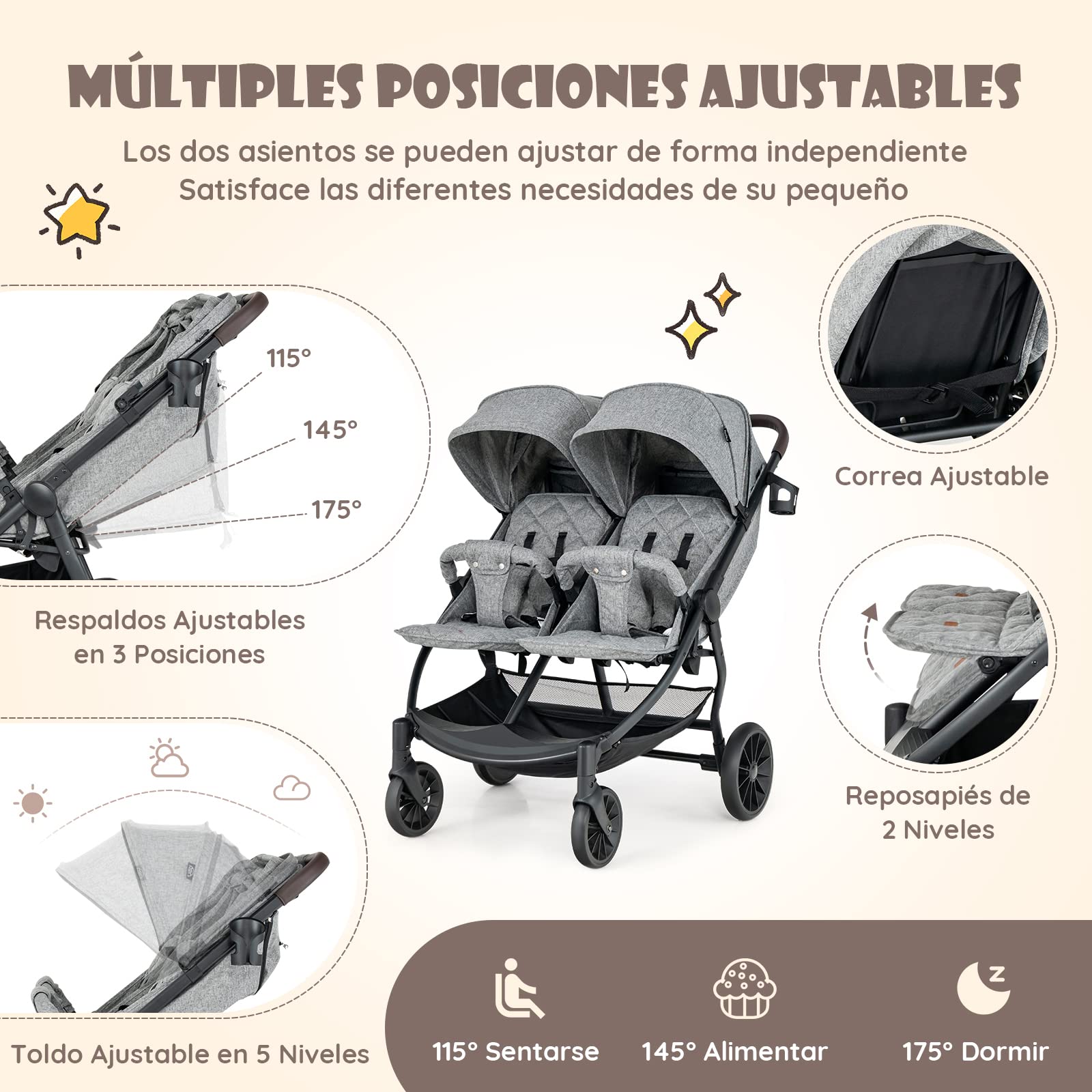 COSTWAY Carrito Gemelar Bebe, Silla de Paseo Gemelar hasta 22 kg, Doble Cochecito de Bebé Plegable, Cochecito Infantil con Reclinación Individual, Respaldo Ajustable, Reposapiés & Toldo (Gris Claro)