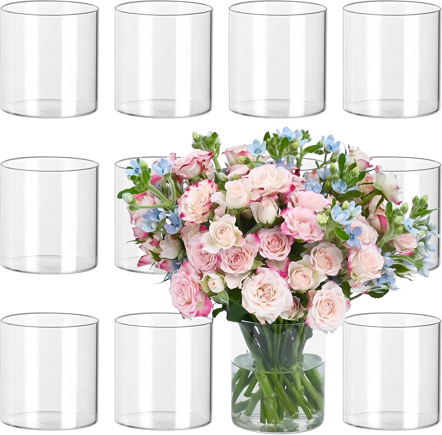 DARENYI 12Pcs Small Glass Cylinder Vases for Centerpieces, 4 Inch Tall Clear Floral Flower Vases Bulk for Wedding Decorations, Decorative Hurricane Glass Candle Holders for Table, Party, Home Décor