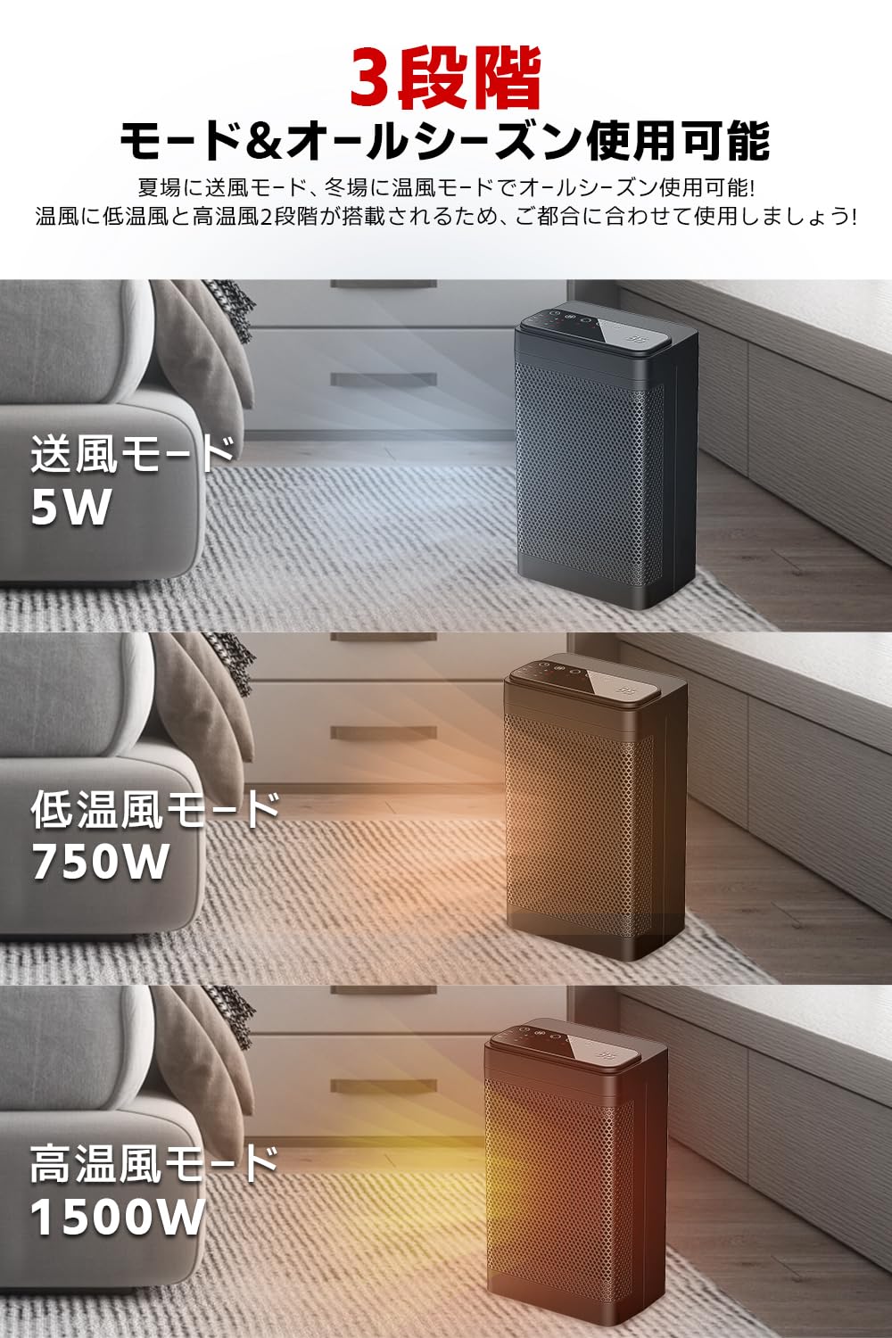 【PSE認証】セラミックヒーター 2秒速暖 3段階温度調節 日本語説明書 PSE認証済 転倒保護付180天保証付セラミックヒーター 1200W 即暖 2