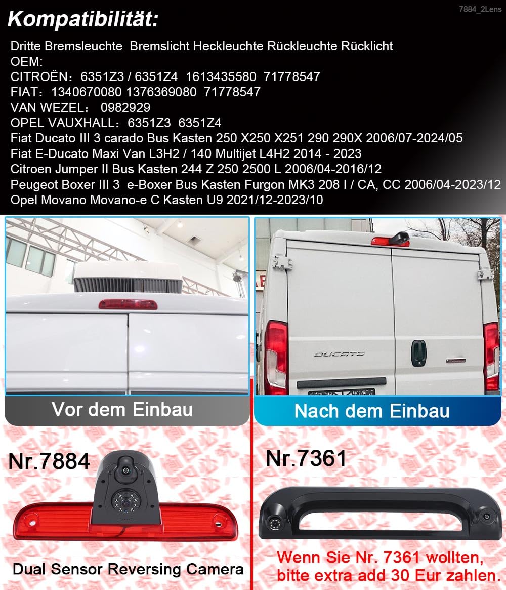 Trzecia lampa hamowania, kamera podwójna kamera cofania z wyświetlaczem LCD o przekątnej 7", zamiennik lusterka wstecznego do Fiat Van Wezel, Opel, Vauxhall, FIAT, Ducato, III, Citroen, Jumper, II