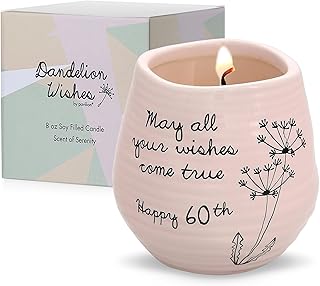 Pavilion - 8 Oz Candle Holder - Pink Ceramic Candle Jar with 100% Soy Wax Candle Serenity Scent "May all your wishes come true Happy 60th" Ideal Gift for Loved Ones - Printed Text, Love Theme & Oval