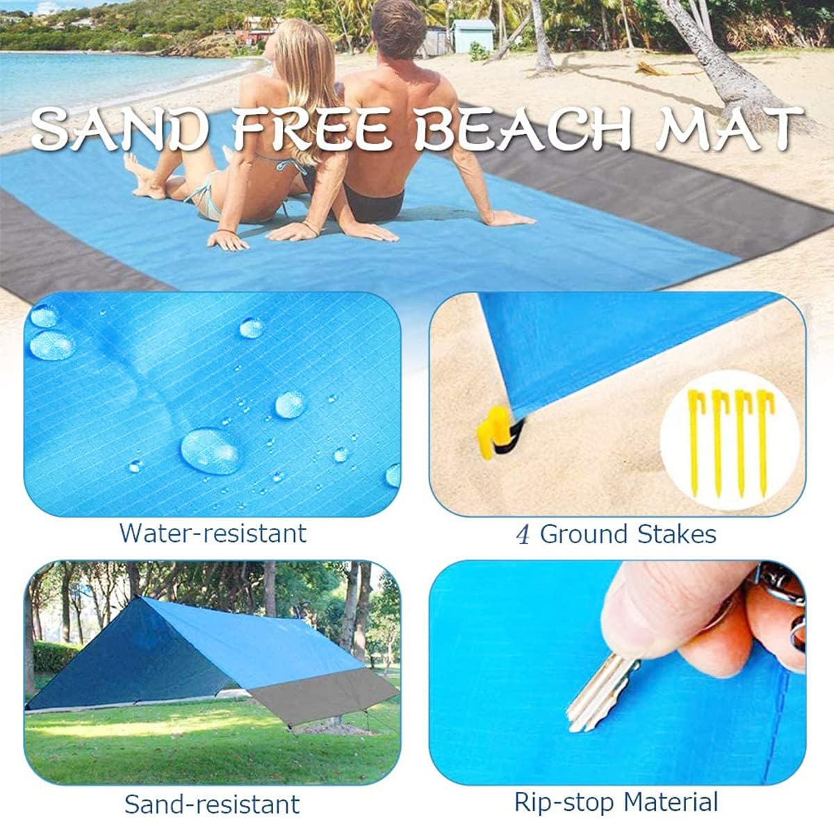 Beach Blanket, Beach Blanket Waterproof Sandproof Large Beach Blanket with Portable Bag and 4 Anchors Stakes Compact for 4-6 Adults