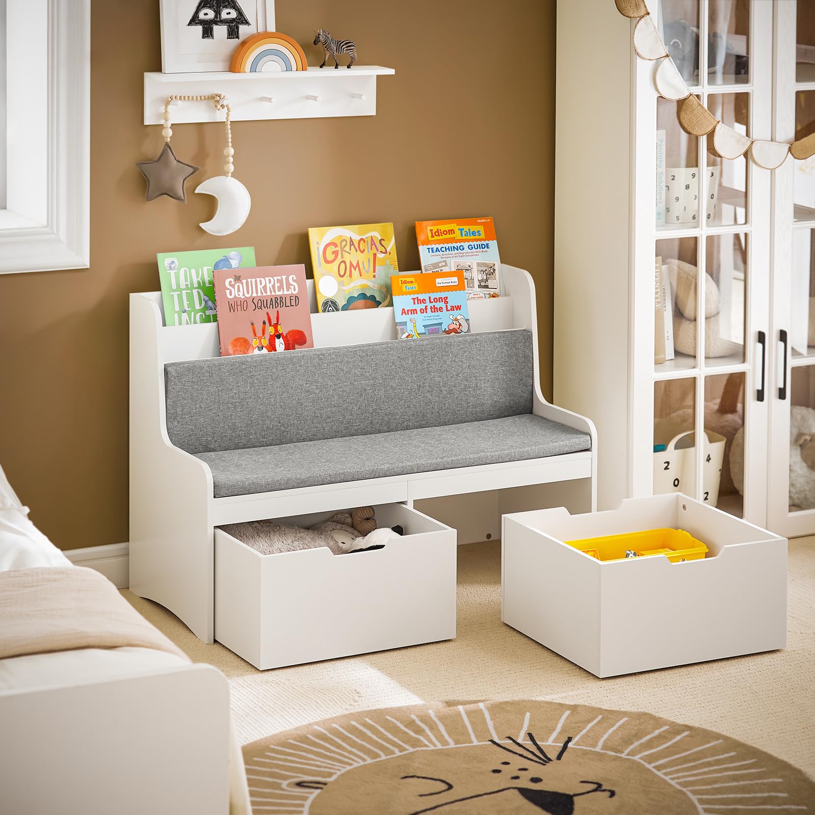 SoBuy Coffre de Rangement Enfants, Banc de Rangement pour Enfants avec Bibliothèque, 2 Tiroirs sur roulettes et Coussin d'assise, 100 x 45 x 70 cm, Blanc, KMB66-W