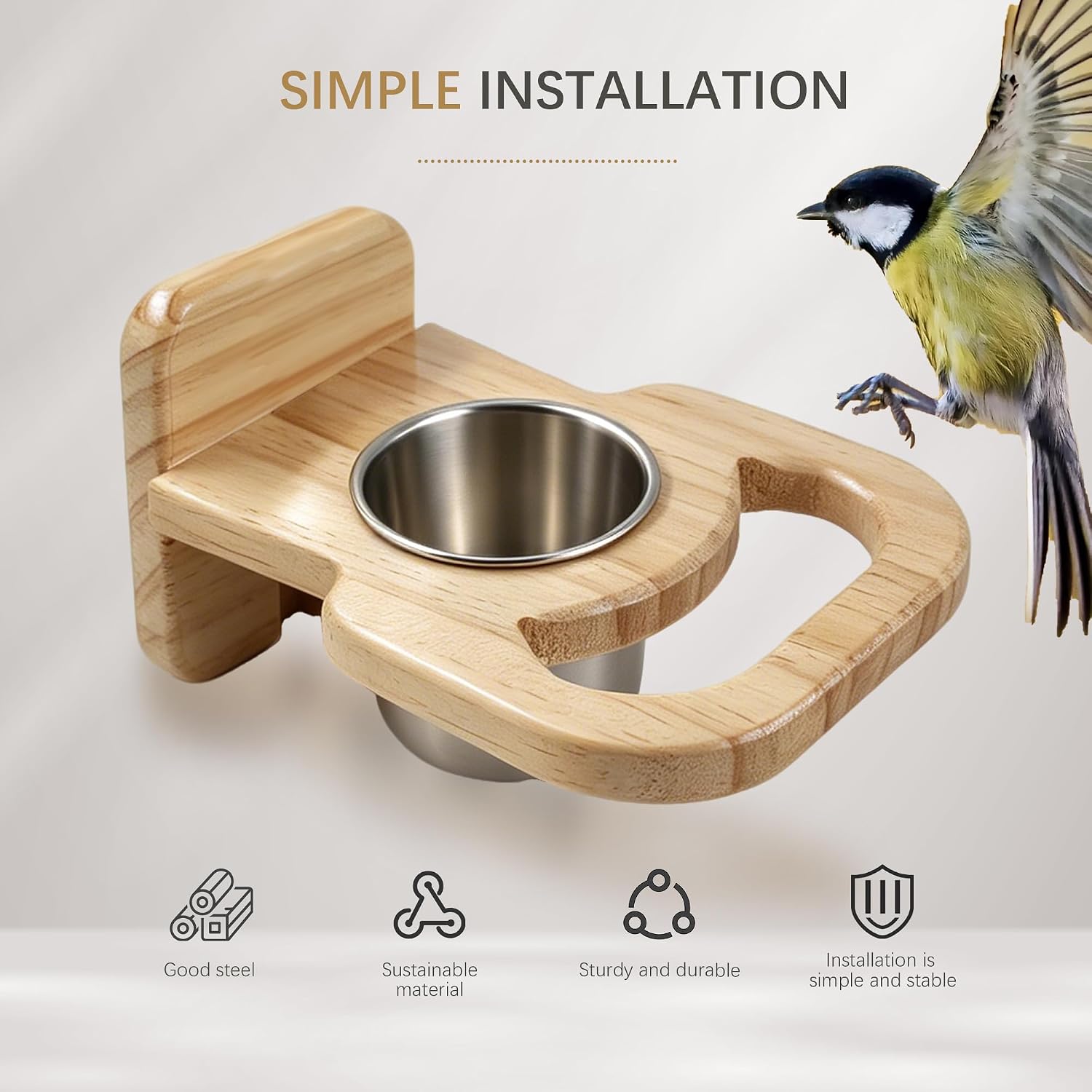 Bird Feeding Cup with Platform, Hanging Stainless Steel Parrot Feeding Bowl, Wooden Perch Stand, Bird Cage Food and Water Feeder for Parakeets, Cockatiels and Lovebirds image 5