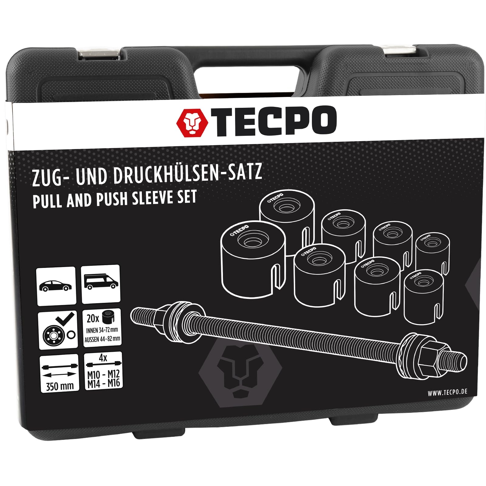 TECPO Radlager-Werkzeug-Satz, 26-teilig, universelles Werkzeugset zur Montage & Demontage von Silentlagern, Zug- & Druckhülsen-Satz, Gummilager und Kugellager, 5 Spindeln M10 - M18 & 22 Druckstücke