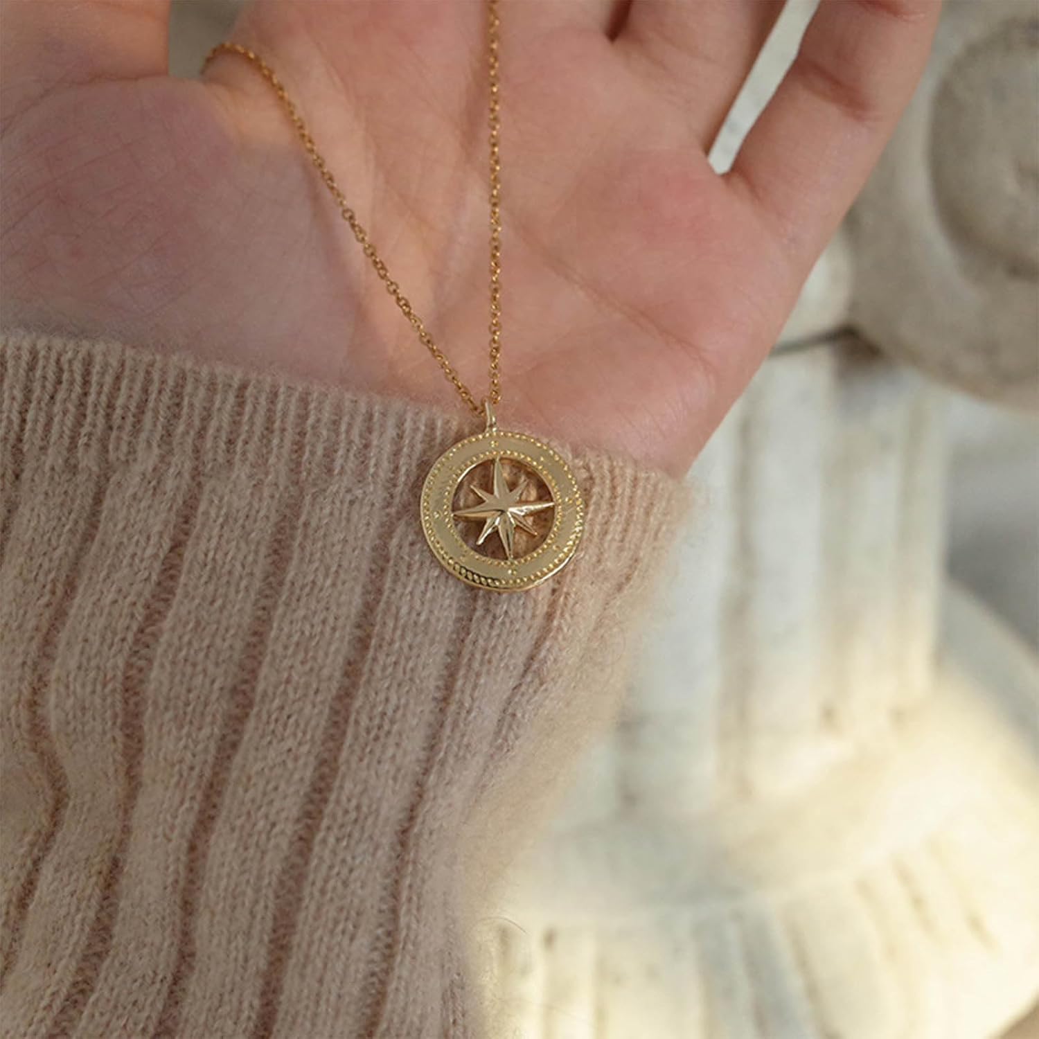 Bohemian Starburst Choker Necklace Gold Star Pendant Necklace Small Hollow Circle Collar Necklace Minimalist North Star Chain Necklace Jewelry for Women Gifts - Image 6