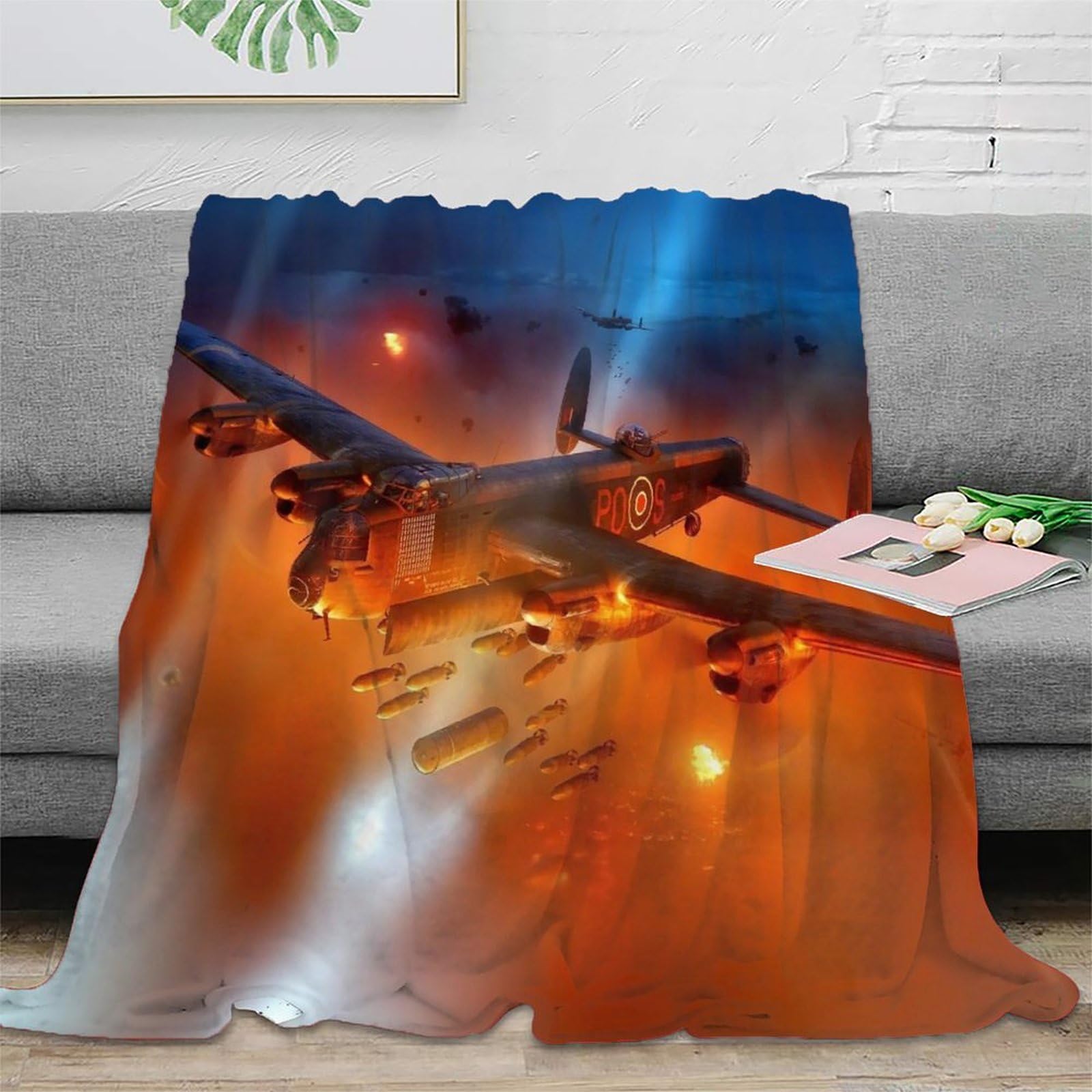 DAFUfbw Large Fleece WW II Aircraft Throw Blanket 50x60inch(127x152cm) for Couch, Sofa, 340GSM Super Soft & Warm Blankets, Lancaster Bomber Throw All Season Use, Cozy, Plush, Lightweight