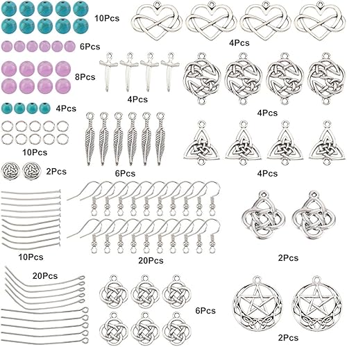 Miniatura 30 de SUNNYCLUE 1 caja de 8 pares de aretes de nudo celta de plata antigua, aretes colgantes de perlas, kit de inicio de fabricación de joyas