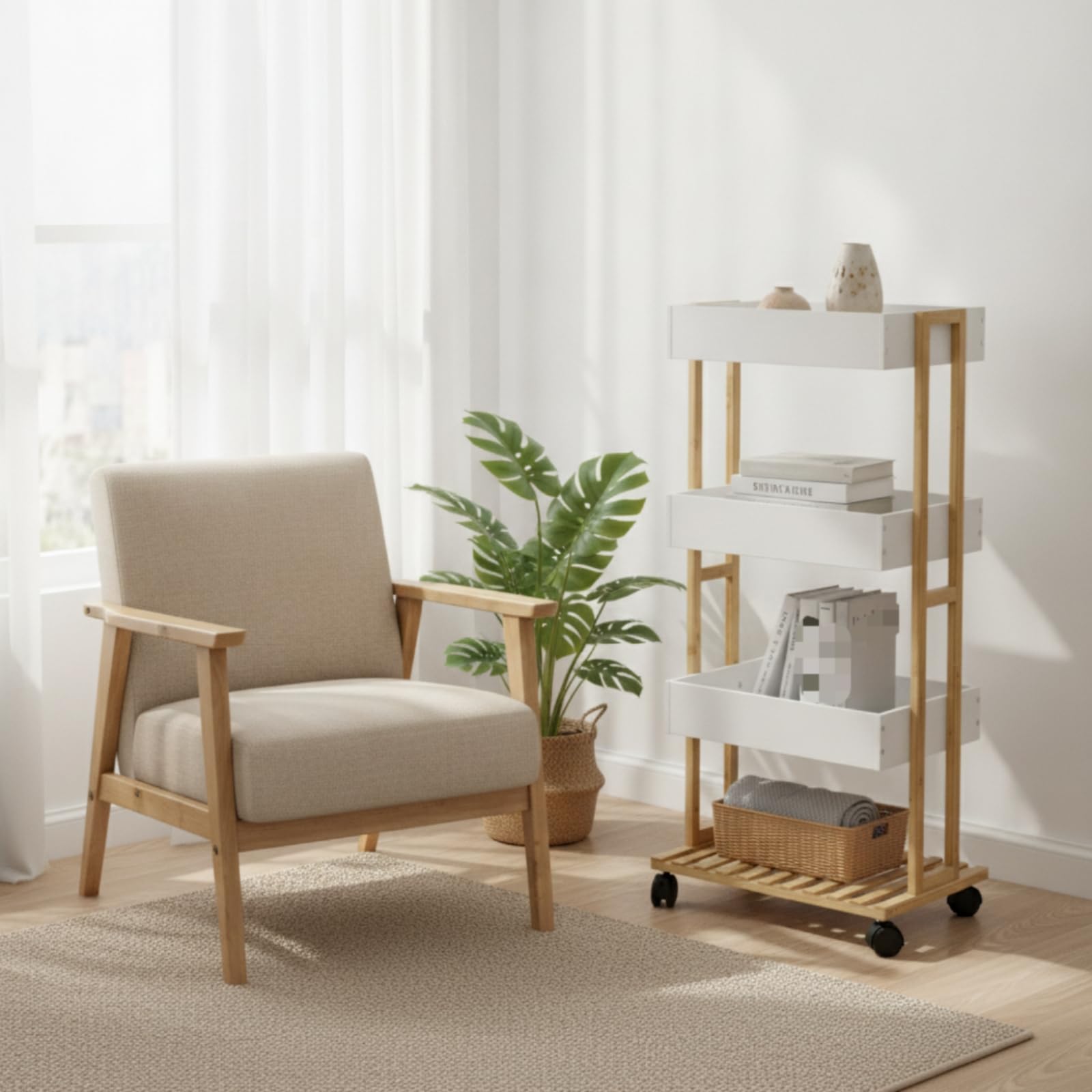 Amagogo Carrello Portasciugamani in Bambù con Ruote Carrello Multiuso Scaffale Verticale Carrello da Servizio Vassoi Rettangolari in Plastica E Ripiano