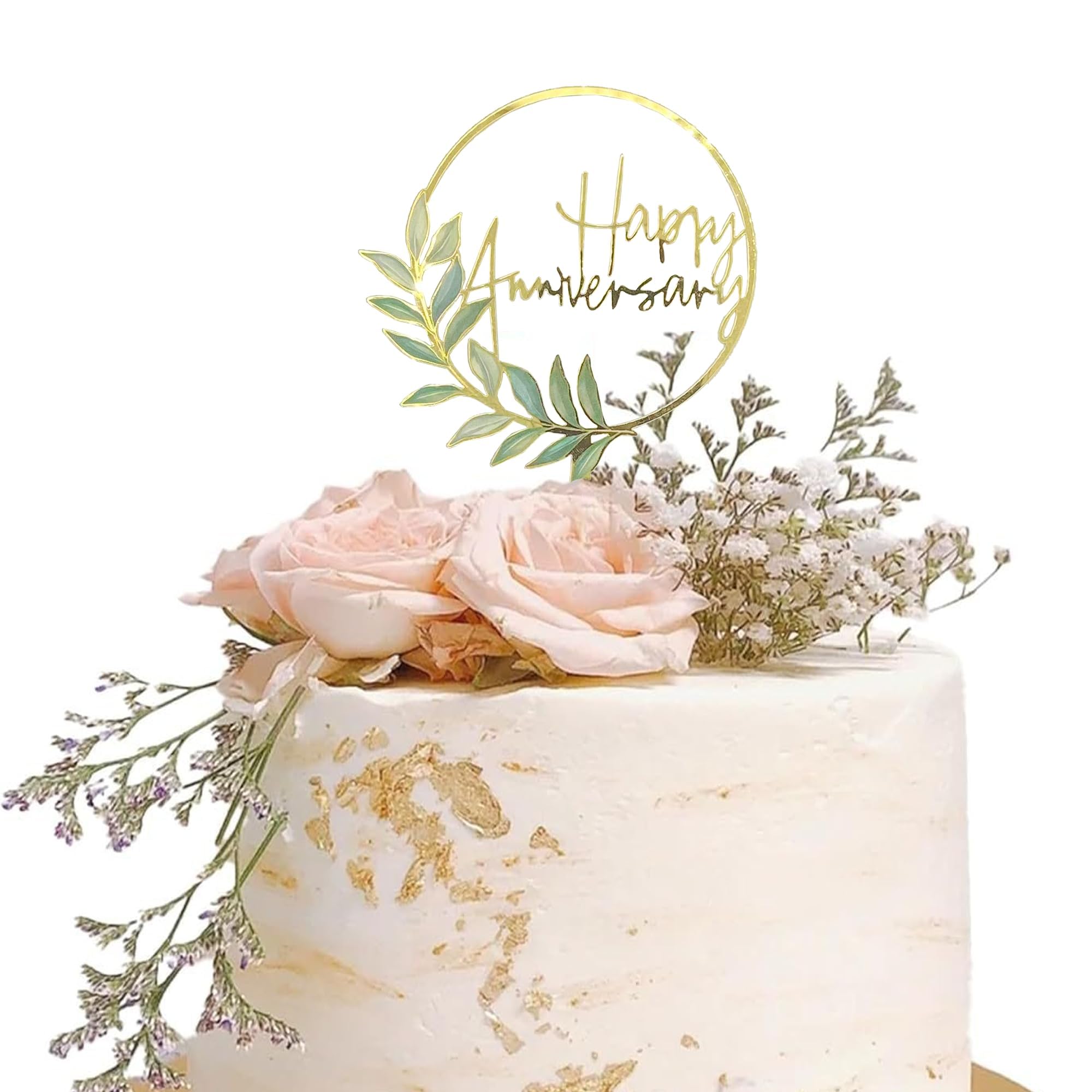 Happy Anniversary Cake Topper with Golden Ring & Green Plant Design Elegant Acrylic Cake Decoration for Special Occasions?Acrylic Cake Topper for Anniversaries