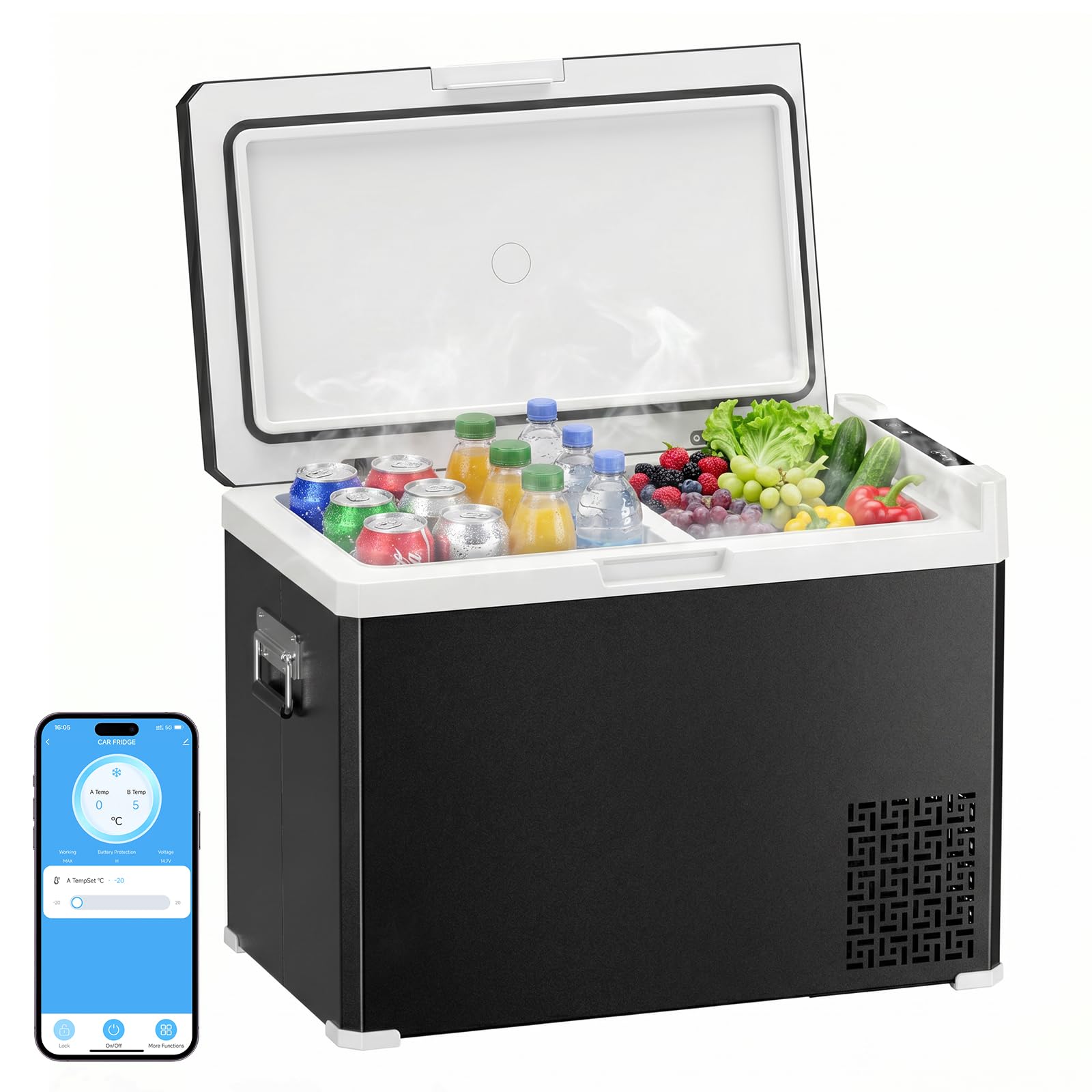 KROAK 40L Kompressor-Kühlbox mit App-Steuerung, Dual-Zone (-20°C bis +20°C), 12/24/230V – mit Trennwand – mobiler Camping-Kühlschrank für Auto, LKW, Boot