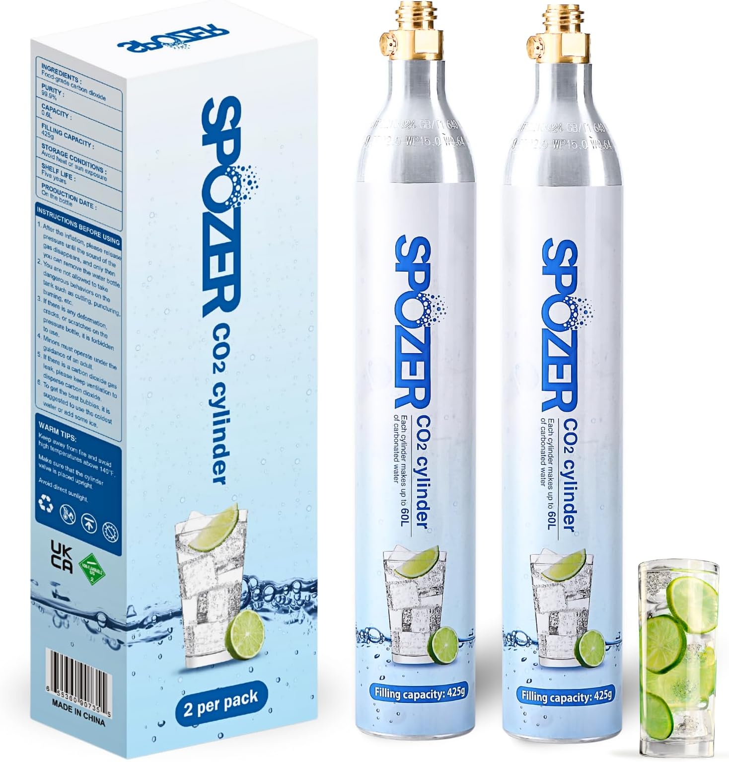 SPOZER 60L CO2 Cylinder for SodaStream, CO2 Canister Threaded Cylinders Compatible w/All Threaded 'Screw-In' Soda Makers, FIZZ, ONE TOUCH, JET, etc. - Set of 2