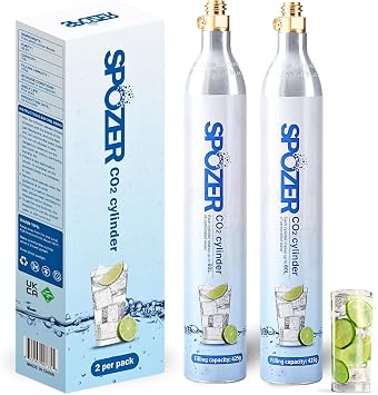 SPOZER 60L CO2 Cylinder for SodaStream, CO2 Canister Threaded Cylinders Compatible w/All Threaded Screw-In Soda Makers, FIZZ, ONE TOUCH, JET, etc. - Set of 2