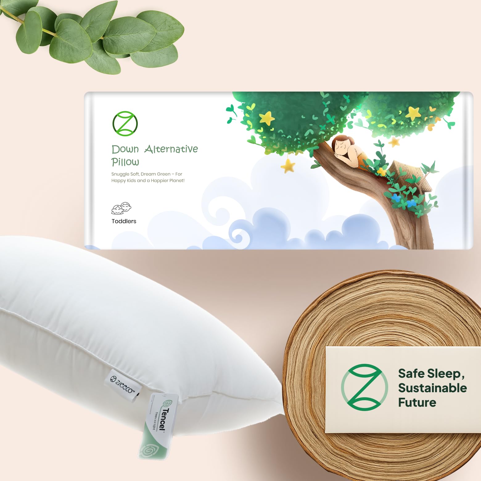 Zleeco Organic Cooling Tencel™ Lyocell Toddler Pillow & Pillowcase Set (13x18) for Hot Sleepers, Non-Toxic, Hypoallergenic, Skin Friendly, Eucalyptus Fiber, Moisture-Wicking Down Alternative Pillow