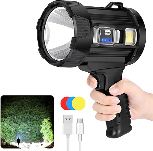 BolDuck Foco recargable, 100000 lúmenes, linterna de caza de mano, luz LED con luz de mazorca y paneles solares, 6 modos IPX6 impermeable brillante