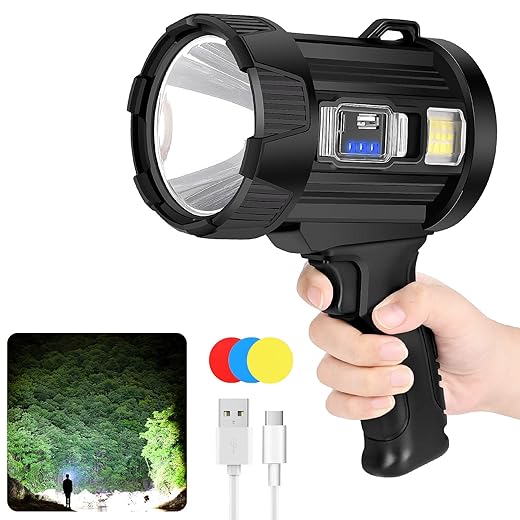 BolDuck Rechargeable Spotlight, 100000 Lumens Handheld Hunting Flashlight Led Spot Light with Cob Light and Solar Panels, 6 Modes IPX6 Waterproof Bright Spotlight for Boating,Camping,Fishing