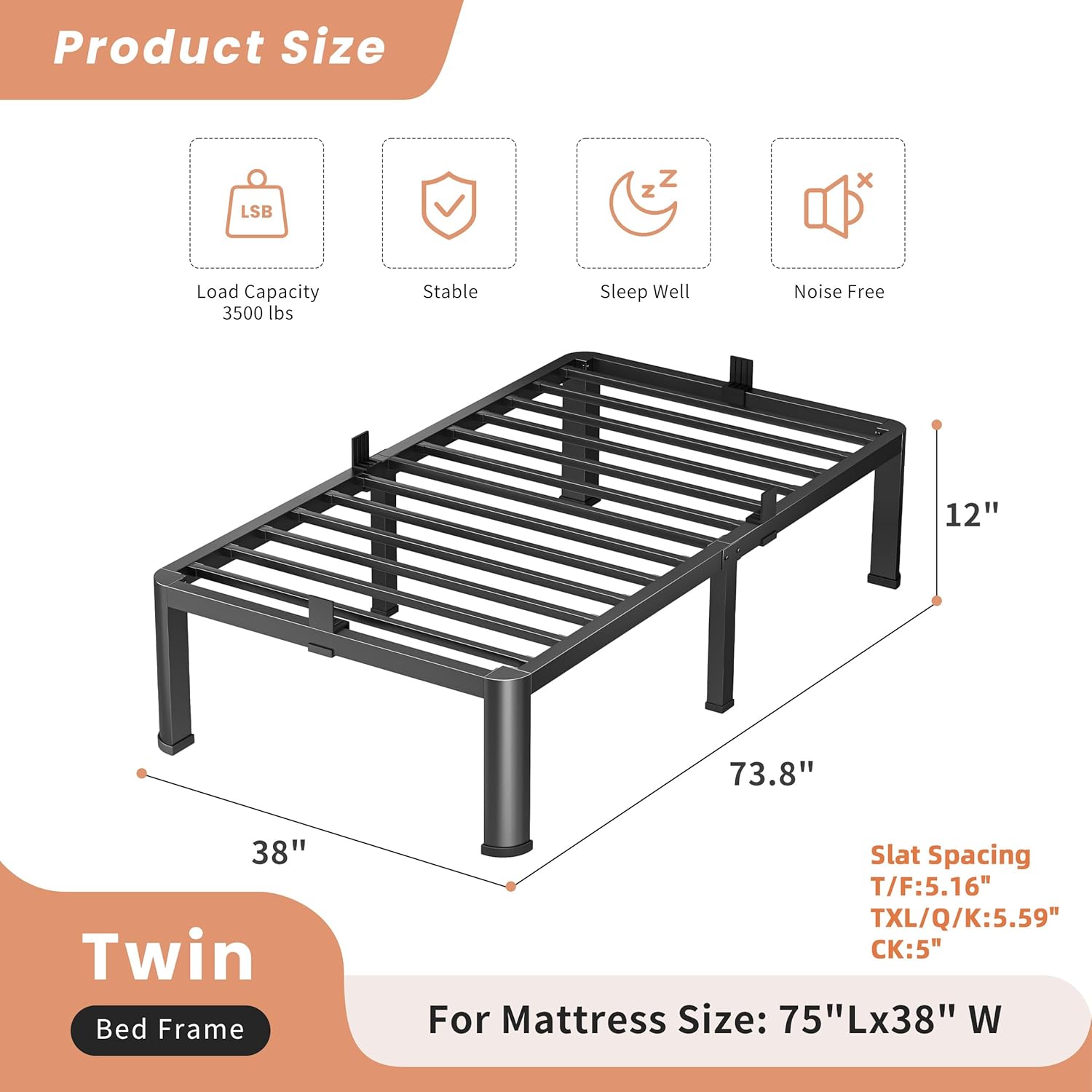 12 Inch Twin Heavy Duty 3500 lbs Bed Frame with Round-Corner Legs & Anti-Squeak Design – Quick Assembly Metal Platform, No Box Spring Needed - Image 3