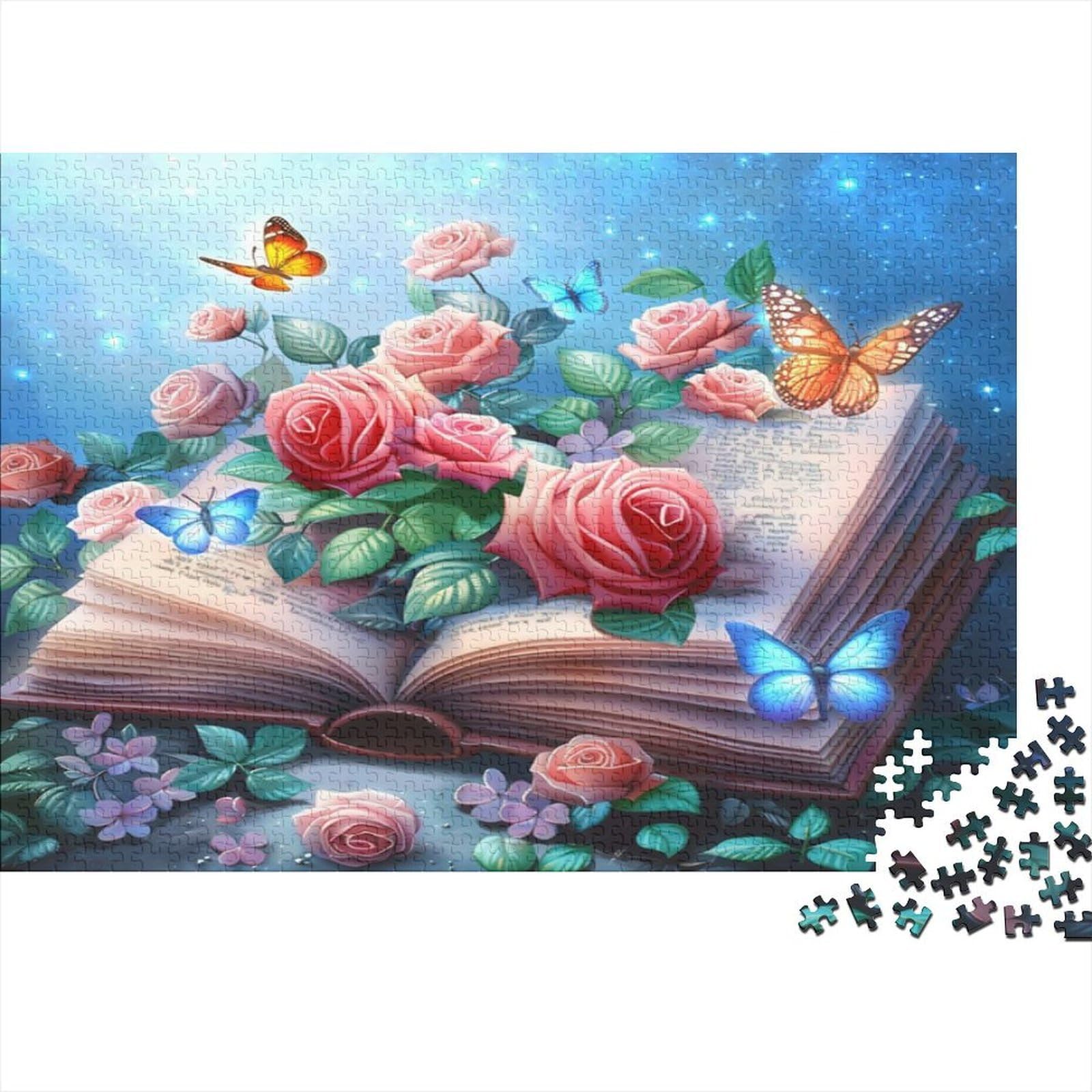 Book Roses Butterflies 1000pc Puzzle Jigsaw Thick Recycled Cardboard Book with Roses Teenagers Couples No Dust Brain Training Family Game Night Birthday Gift 38x26cm/1000pcs