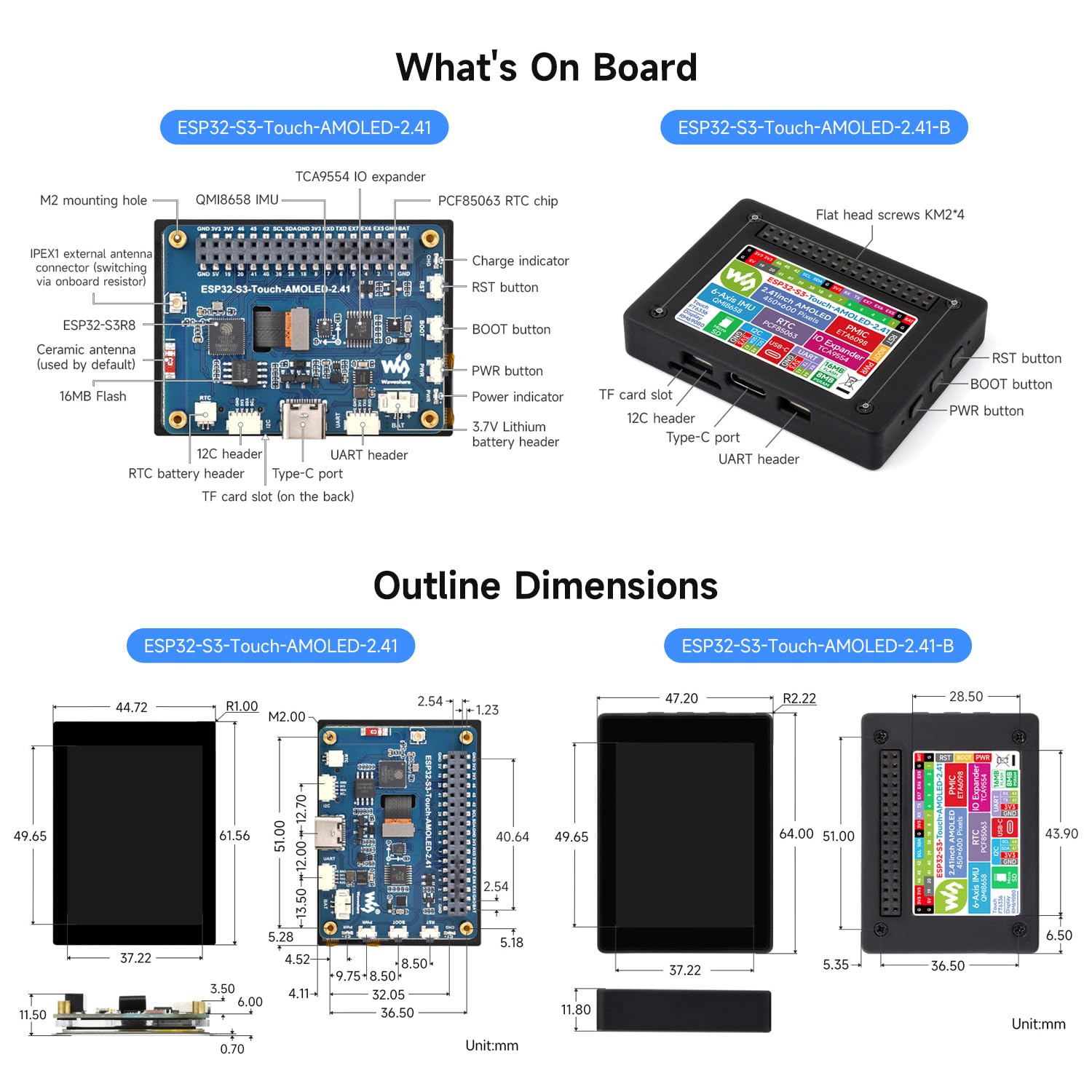 Waveshare ESP32-S3 2.41inch AMOLED Touch Display Development Board, 600x450, 32-Bit LX7 Dual-Core Processor, Onboard Accelerometer and Gyroscope Sensor, ESP32 with Display with Case