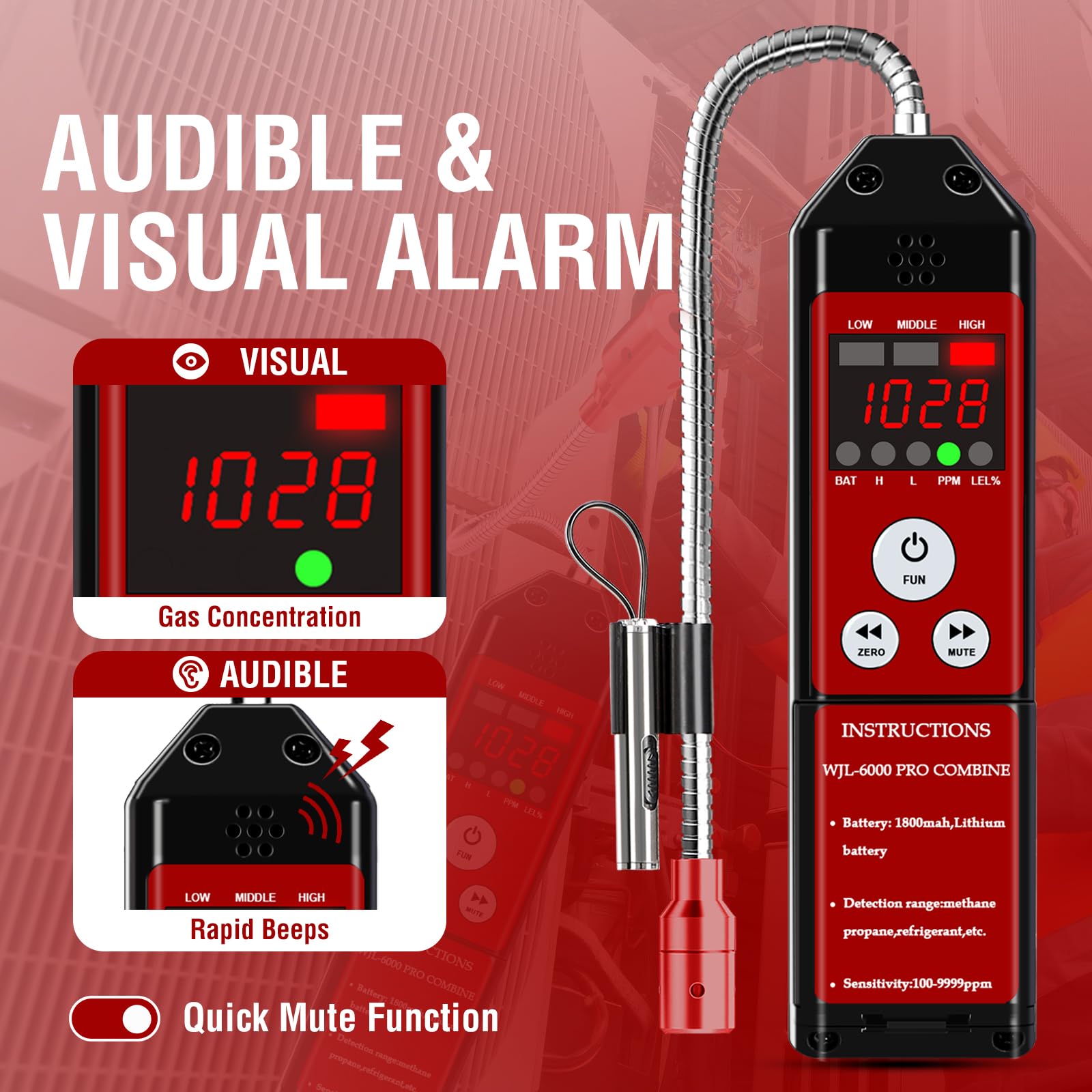 WJL-6000PRO COMBINE Rilevatore di perdite di refrigerante, combina rilevatore di perdite di gas freon e combustibile con allarme forte, batteria ricaricabile da 1800 mAh, PPM LEL% Diaplay per propano