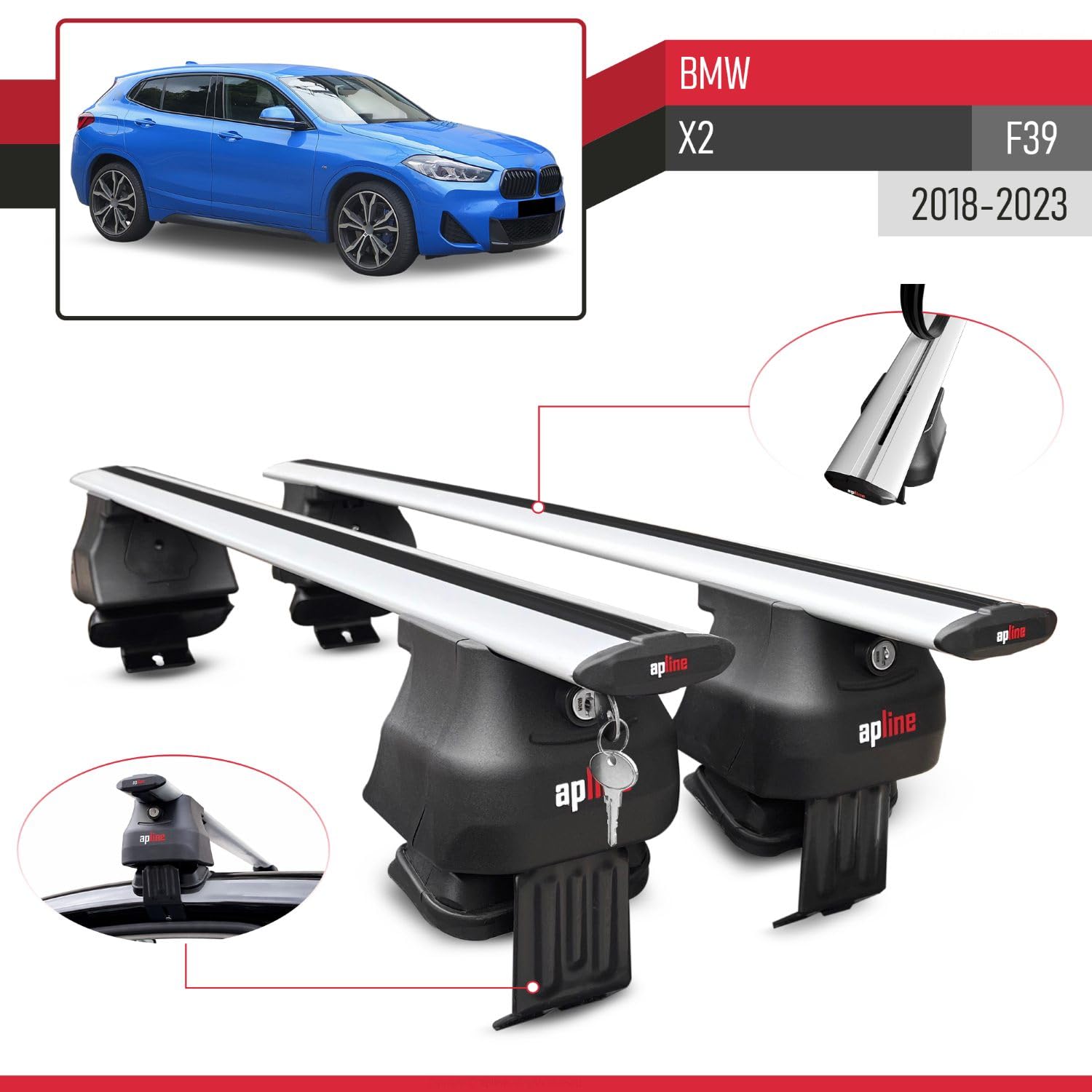 Compatibile con BMW X2 (F39) 2018-2023 Ace-4 Barre Tetto Portapacchi Auto Barre Portatutto Grigo Alluminio 2 Barre