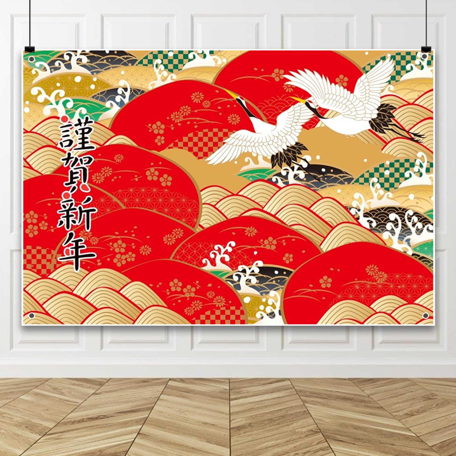 Amazon | Qinunipoto お正月 背景布 3.5x2.5m 謹賀新年 背景 鶴 波