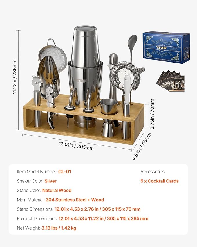 Set Coctelera VEVOR 13 Piezas Acero Inoxidable con Soporte Bambú miniatura 3