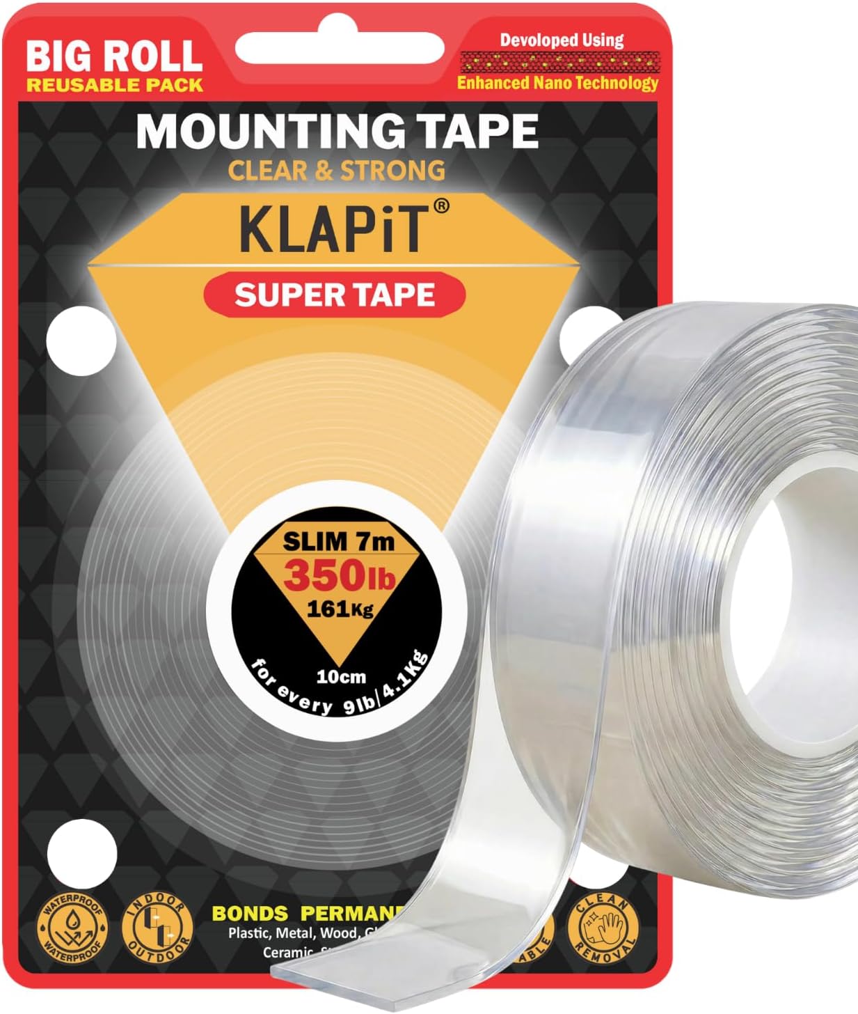 KLAPiT Super Tape 276in – Clear Double Sided Heavy Duty Adhesive, Enhanced Nano Technology Waterproof Mounting Tape – Holds 350 lbs 1.27lb per inch
