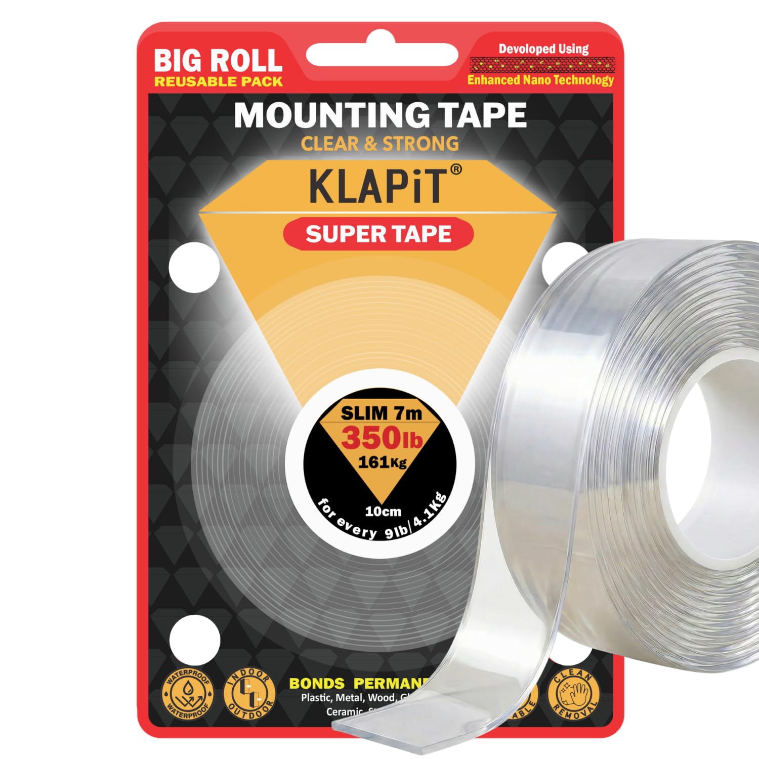 SUPER TAPE Double Sided Heavy Duty Mounting Tape Holds 350 Pounds or 161Kg Weight Using Enhanced Nano Technology. Clear Tape for Wall, Wood, Tile, Stone, Glass, Metal and Acrylic Slim 7m