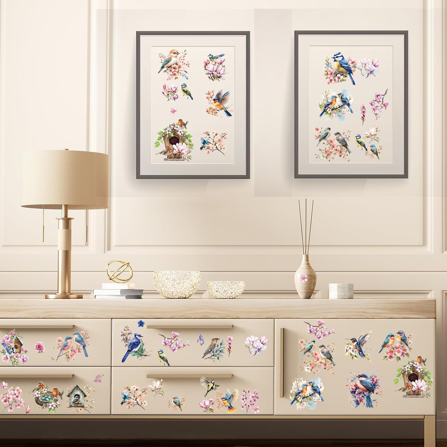 Rngmsi Spring Rub on Transfers for Crafts - 16 Sheets Flower Birds Furniture Decals, Vintage Watercolor Floral Rub on Transfer Stickers for Wood, DIY Home Office Decor 5.7x5.7 Inch