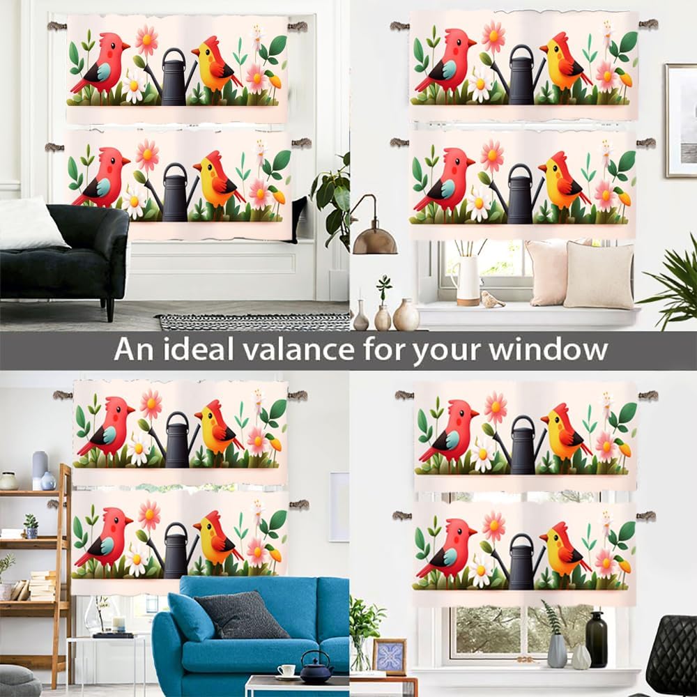 2 Panels Cartoon Funny Bird Curtain Valance for Windows, Abstract Daisy Floral Leaf Rod Pocket Short Window Treatment Decor Drapes for Kitchen, Bathroom, 54" X 18"
