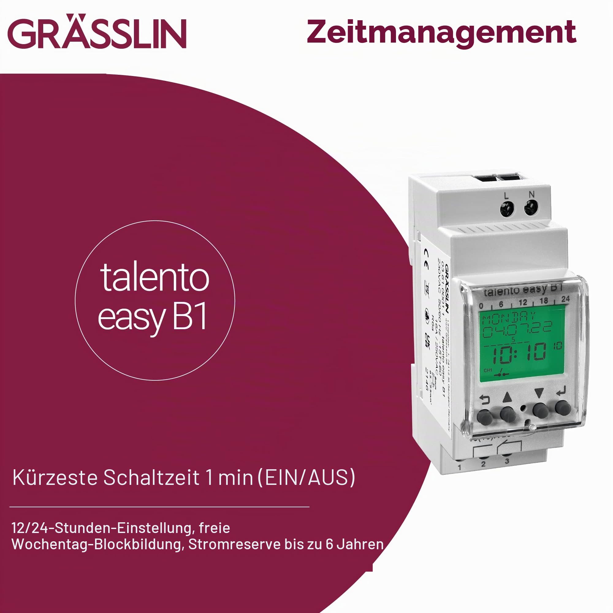 03.61.0001.1 talento Easy B1 Digitale Schaltuhr DIN-Schiene 230 V | Hutschienenmontage, 1 Kanal, Tages-/Wochenprogramm, 50 Speicherplätze, Impuls/Zyklus, 1 min, 6 Jahre Gangreserve, PIN-Schutz