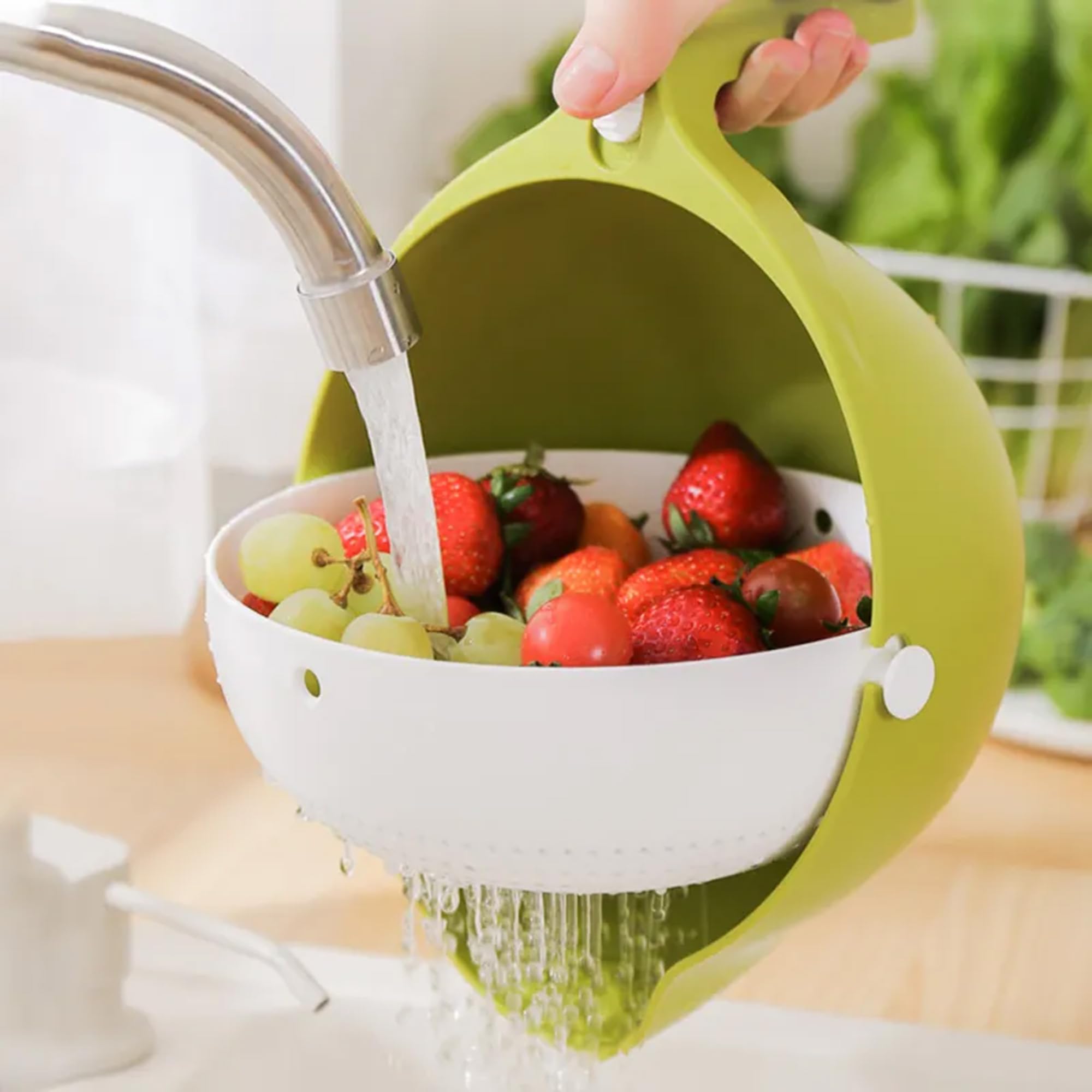 Obrotowy durszlak z miską na owoce i warzywa, dwuwarstwowa konstrukcja, uchwyt sitko odpływowe do makaronu, spaghetti, plastikowe sitka i sitka - niezbędne akcesoria kuchenne