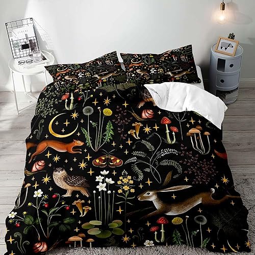 LUVIVIHOME Juego de cama de 3 piezas de hongos, funda de edredón negra tamaño King, ropa de cama de campo estética bohemia, conejo, búho, ardilla,
