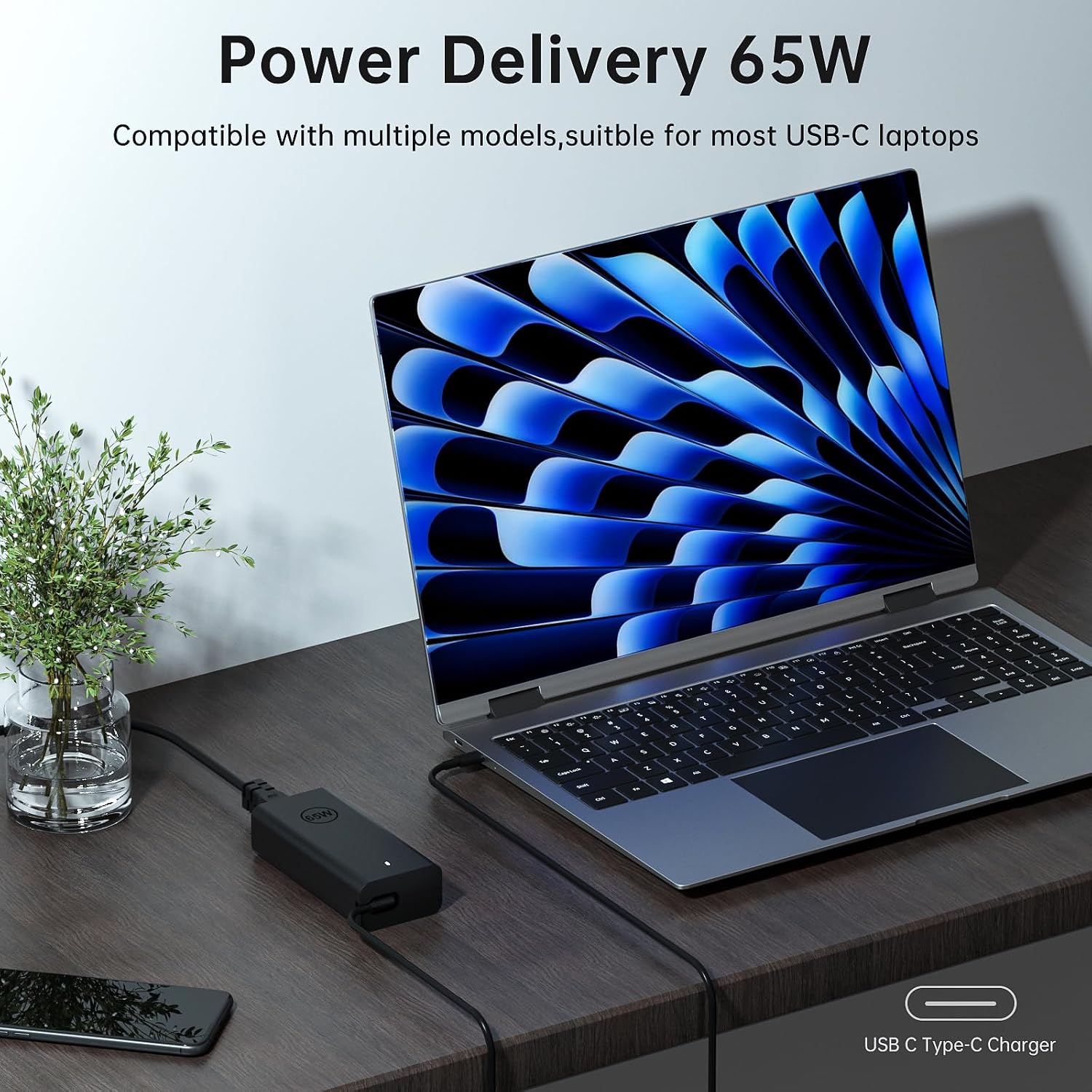65W USB-C Laptop Charger Compatible with Dell Latitude 5540 5530 5520 5450 7530 7440 7430 XPS 13 9250 9350 9360 9365 Adapter Power Cord