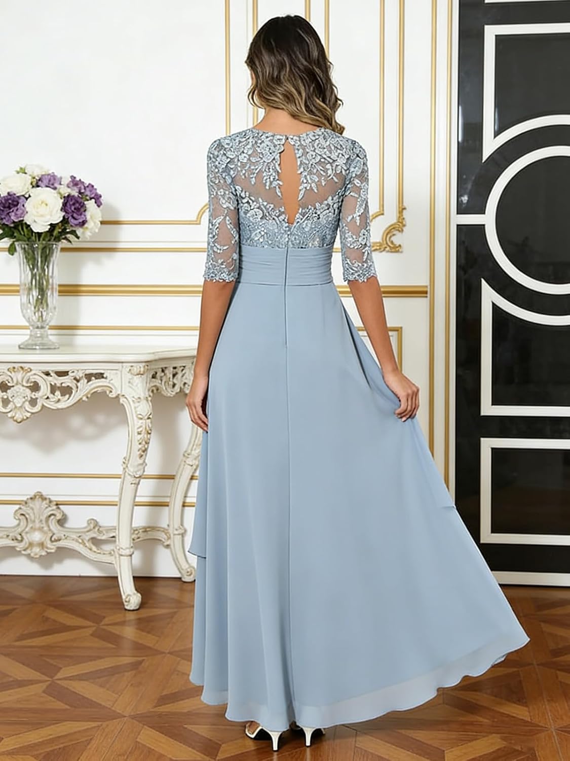 Lace Appliques Chiffon Mother of Bride Dresses - Tea Length Ruffled 3/4 Sleeves Formal Evening Gowns