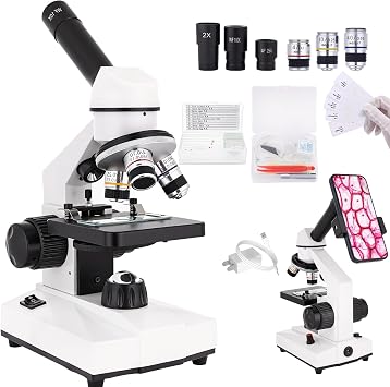 Compound Microscope, 2000x Magnification, with Smartphone Adapter, Slide Set, Dual LED Illumination System, Adult Microscope, Suitable for Beginners and Laboratory use Monocular Microscope