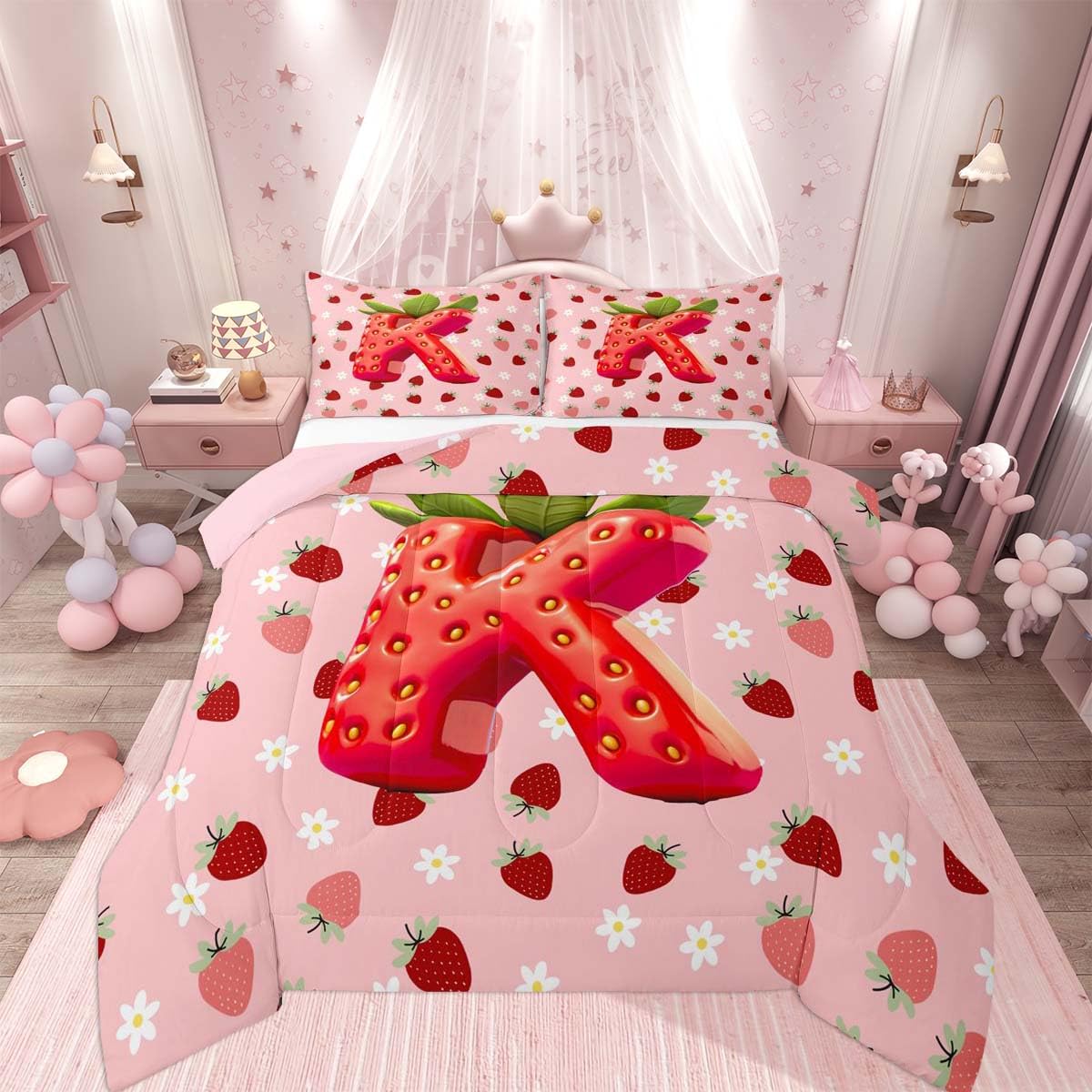 Feelyou Girls Cute Strawberry Kids Comforter Set Full Size Pink Strawberry Bedding Set Initial Letter K Duvet Quilt for Kids Boys Girls Bedroom Decor Microfiber Ultra Soft Breathable