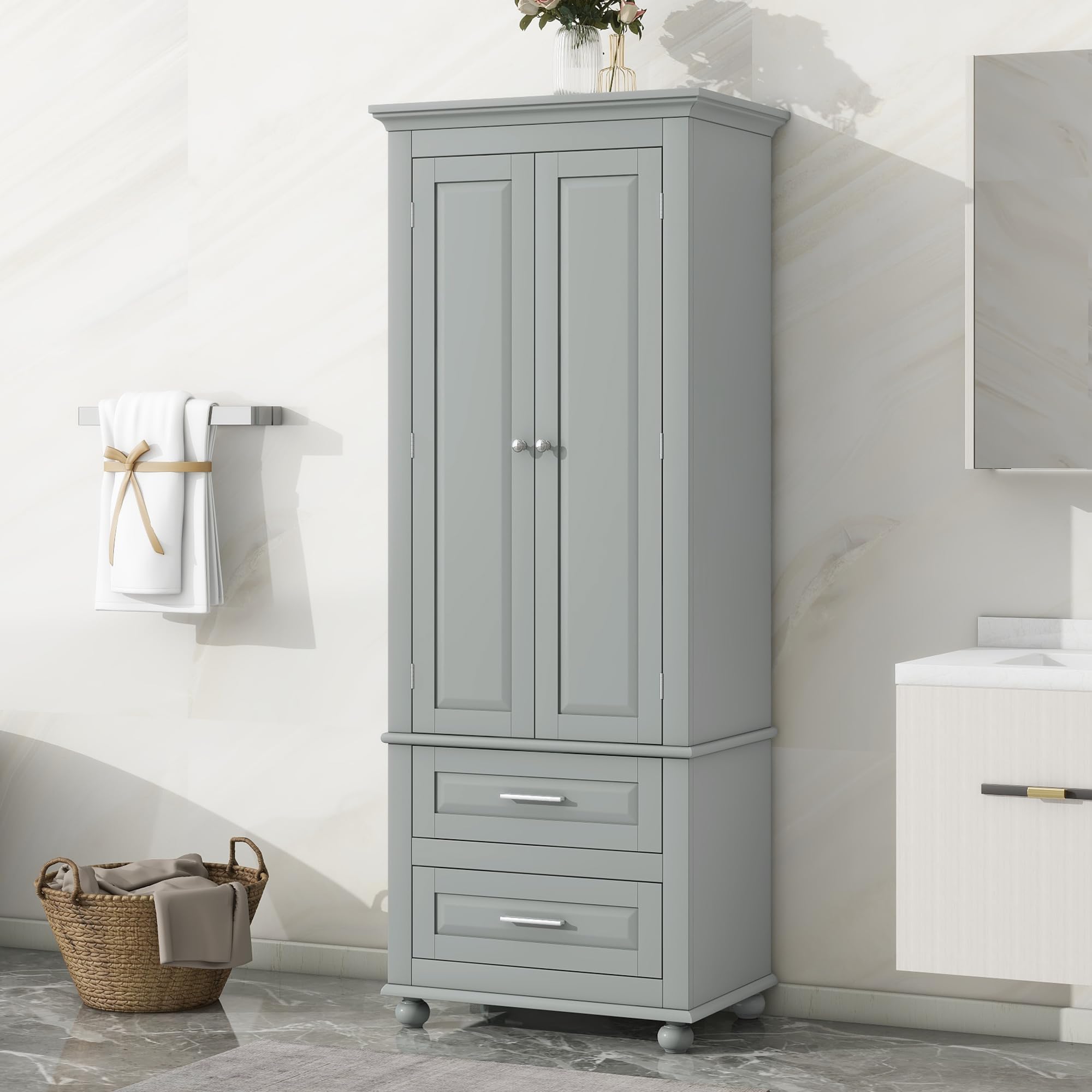 ACLULION62.5" Tall Bathroom Storage Cabinet, Large White Linen Cabinet with 2 Door and 2 Drawers, Freestanding Floor Cabinet with Adjustable Shelves for Bathroom, Kitchen, Living Room (Grey)