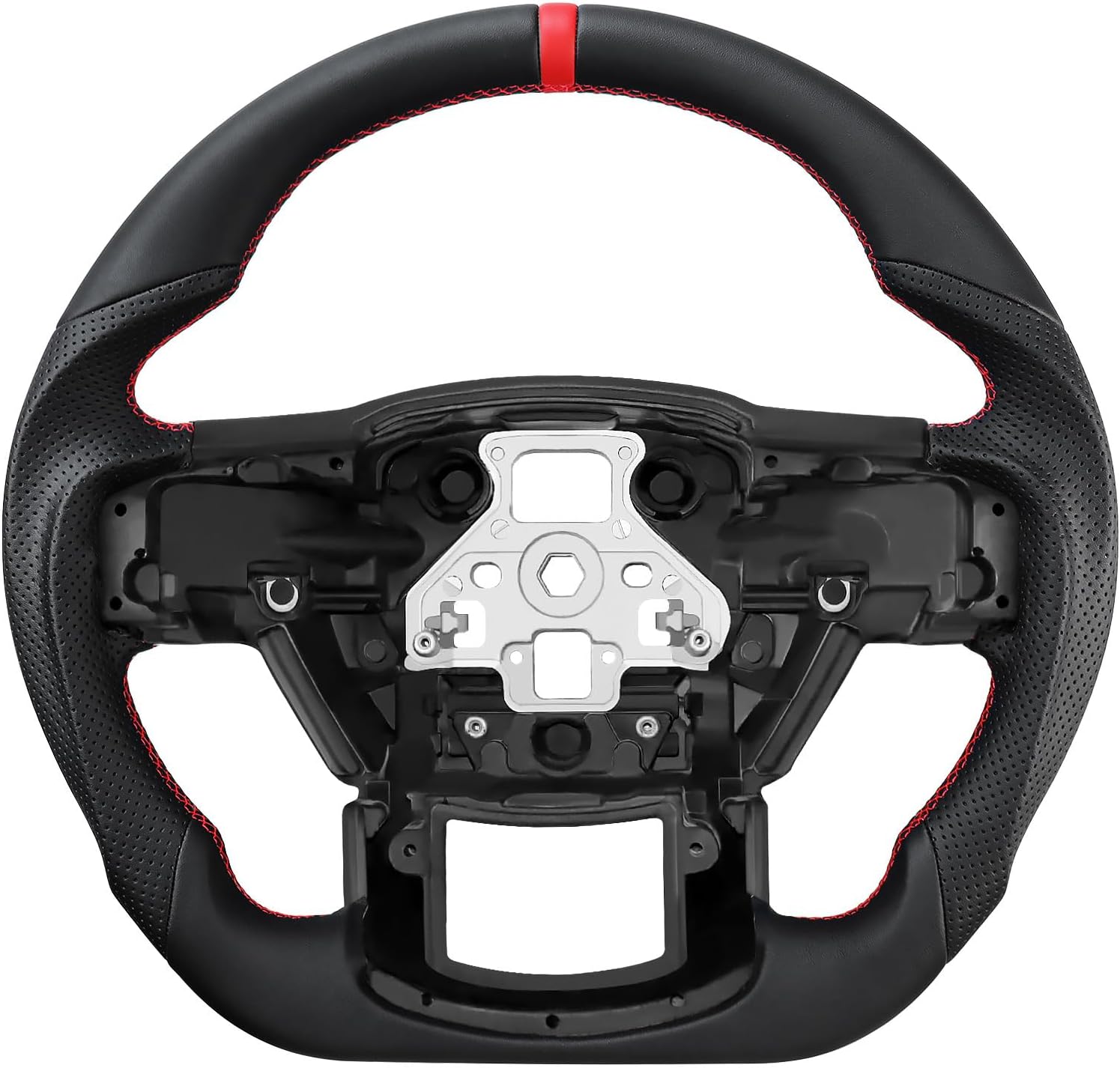LOSCHEN Full Leather Steering Wheel for Ford F150 2015-2020, D-shaped Flat-bottom, Full Nappa Perforated Leather Steering Wheel without Paddle Shifters