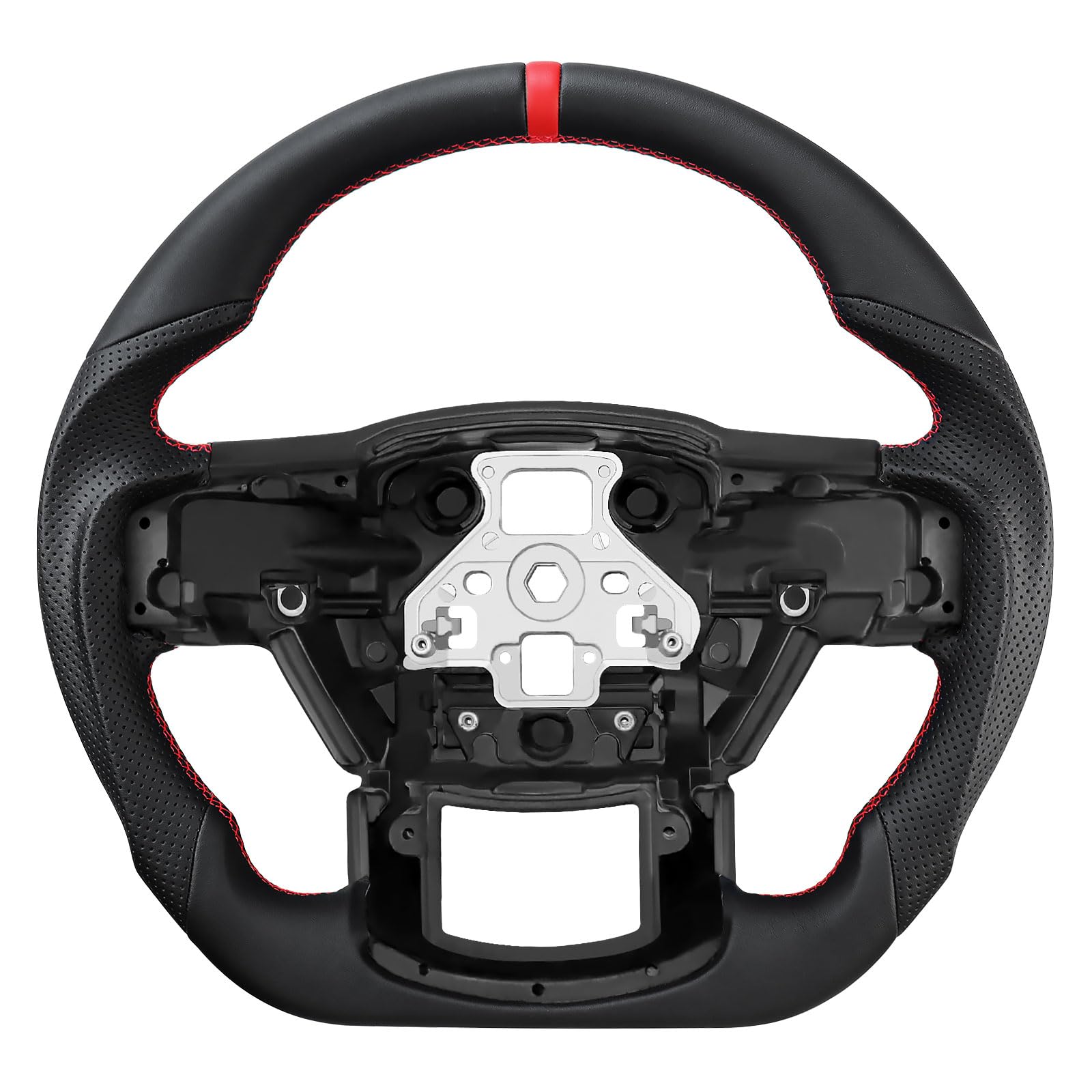 LOSCHEN Full Leather Steering Wheel for Ford F150 2015-2020, D-shaped Flat-bottom, Full Nappa Perforated Leather Steering Wheel without Paddle