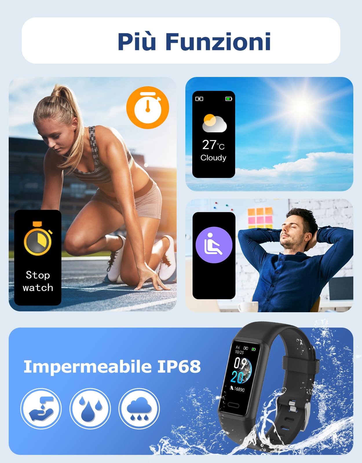Cloudpoem Orologio Fitness Uomo Donna Bambini Contapassi da Polso Smartwatch Smartband Cardiofrequenzimetro Cronometro Conta Calorie KM Sonno Notifice Messaggi Impermeabile IP68 per Android iOS Nero