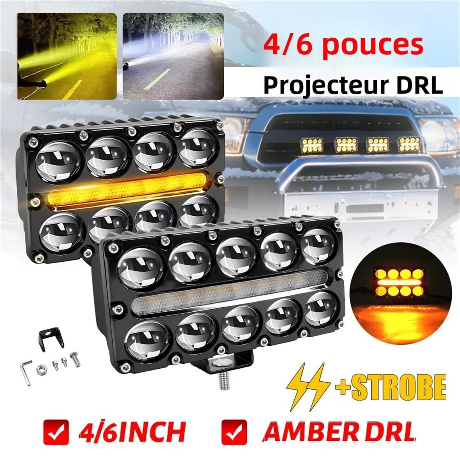 Światła drogowe Robocze Światło Przeciwmgielne LED 8 10 Len | Pomocniczy Projektor Reflektorów Stroboskop Migający 3000k Bursztynowy DRL 12V 24V(2pcs 8 Lens)