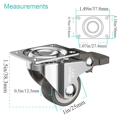 Miniatura 2 de Ruedas de perfil bajo de 1 pulgada para muebles, ruedas pequeñas de goma suave giratoria con placa superior de bloqueo, ruedas de capacidad de carga