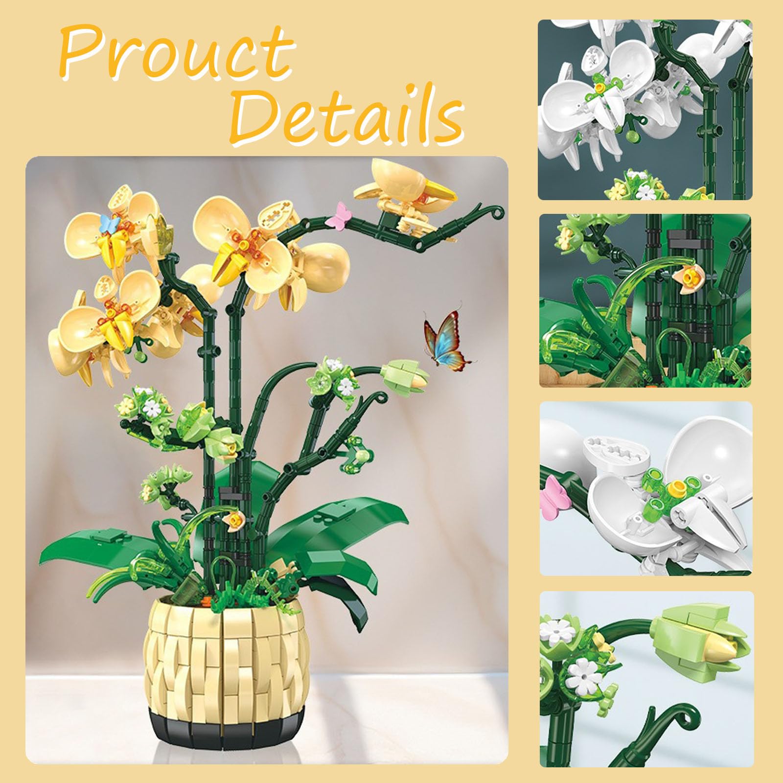 Orchid Building Blocks Set, Flowers Bouquet Building Bricks Kit, 971 PCS Botanical Collection Building Blocks Toy - Image 4