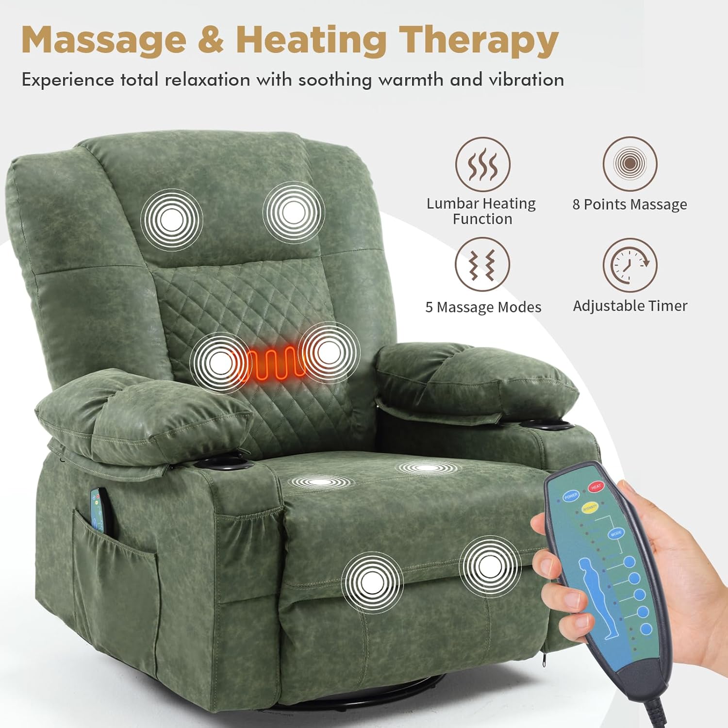 Rocking Recliner Chair with Heat and Massage, Overstuffed PU Leather Recliners for Living Room, Modern Single Rocking Chair for Adults, Manual Swivel Rocker Recliner with Cup Holders,Light Green