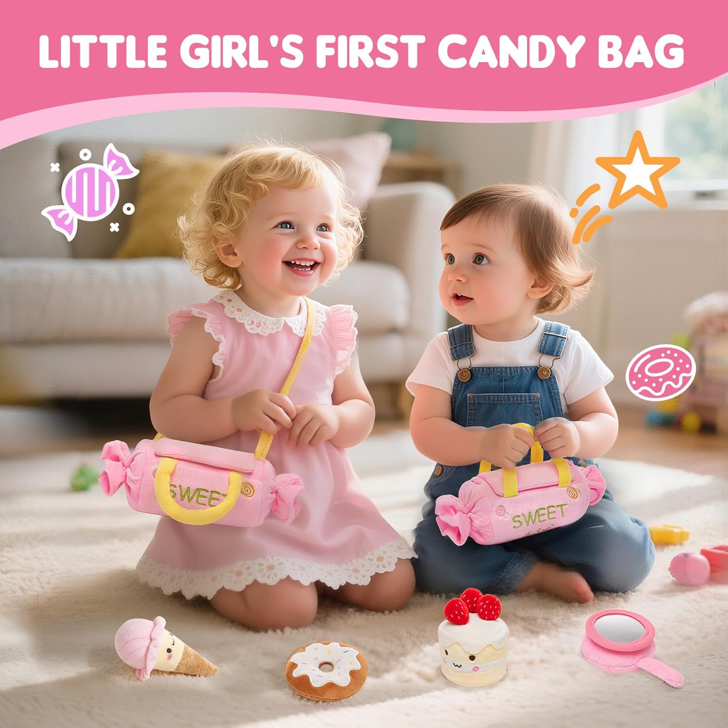 Baby Toys 6-12 Months,My First Candy Bag Plush Toy-5 Sensory dessert Soft Toys with Rattle, Crinkle Paper, Squeaker, Mirror,Busy Montessori Soft Toys for Toddlers,1st Birthday for Babies Girls