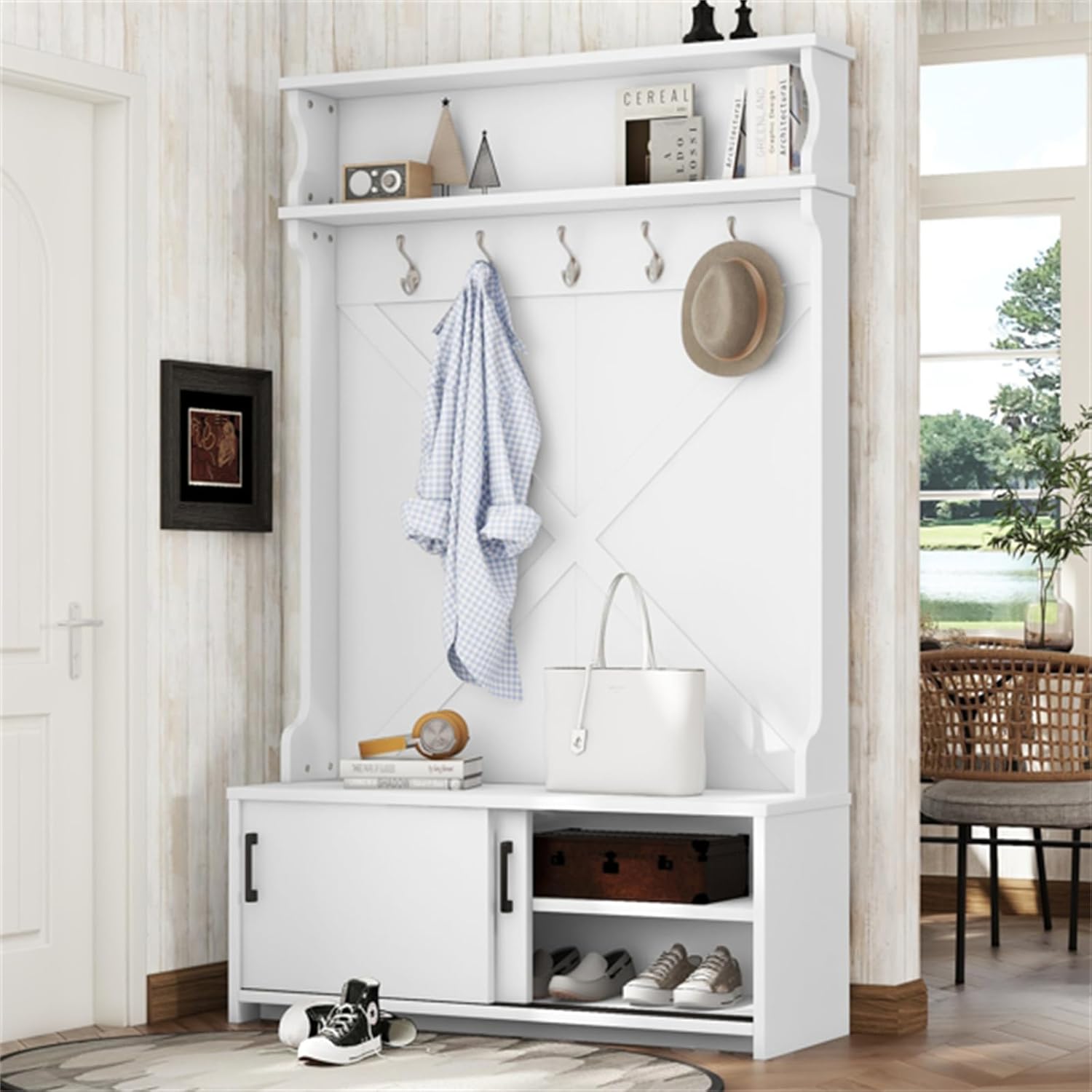 Hallway Tree with Storage Bench, Multifunctional Coat Rack Entryway Bench with Sliding Door Storage Bench and 5 Hooks, Coat Rack with Display Rack for Hallway Entrance, White